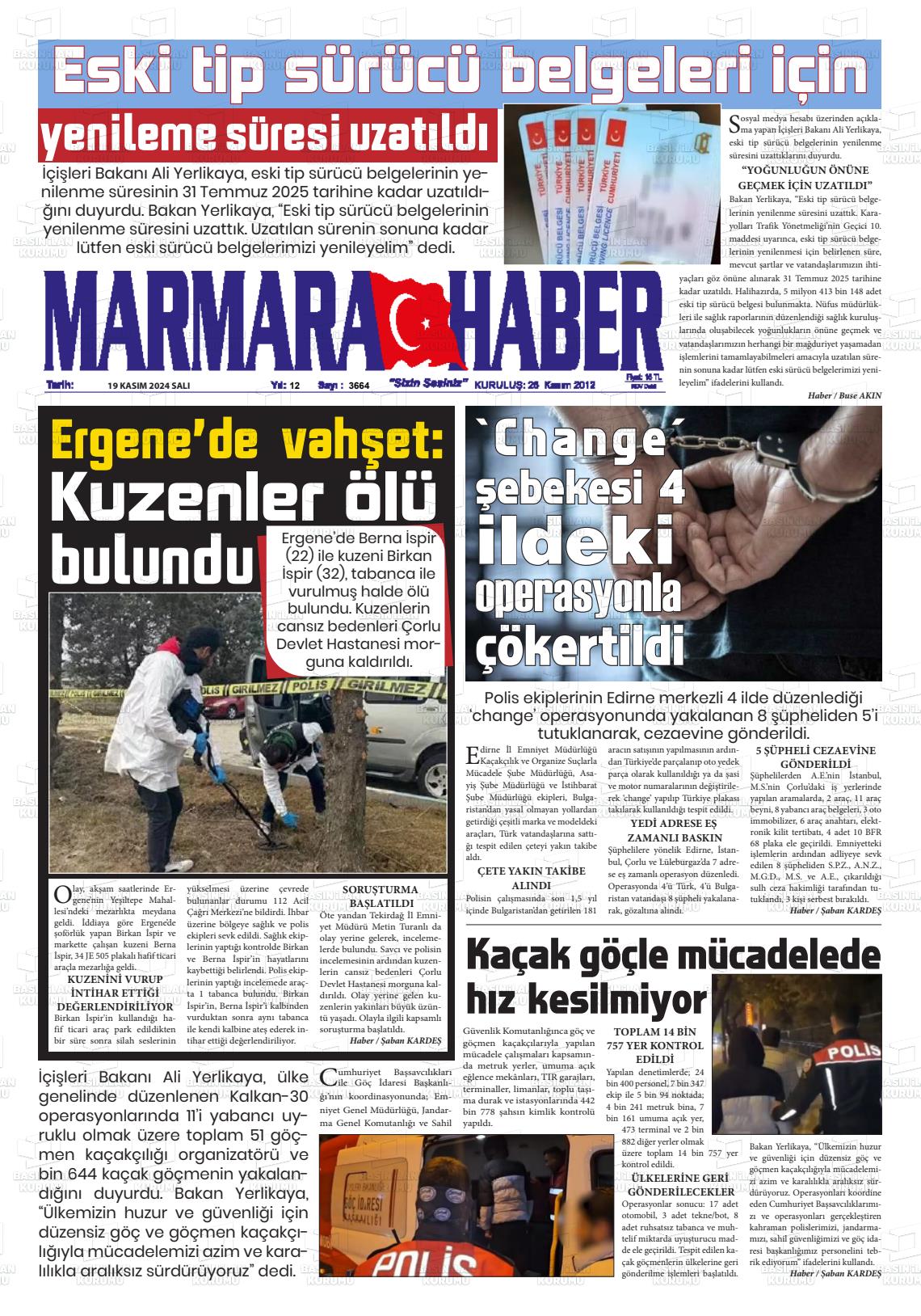 19 Kasım 2024 Marmara Haber Gazete Manşeti