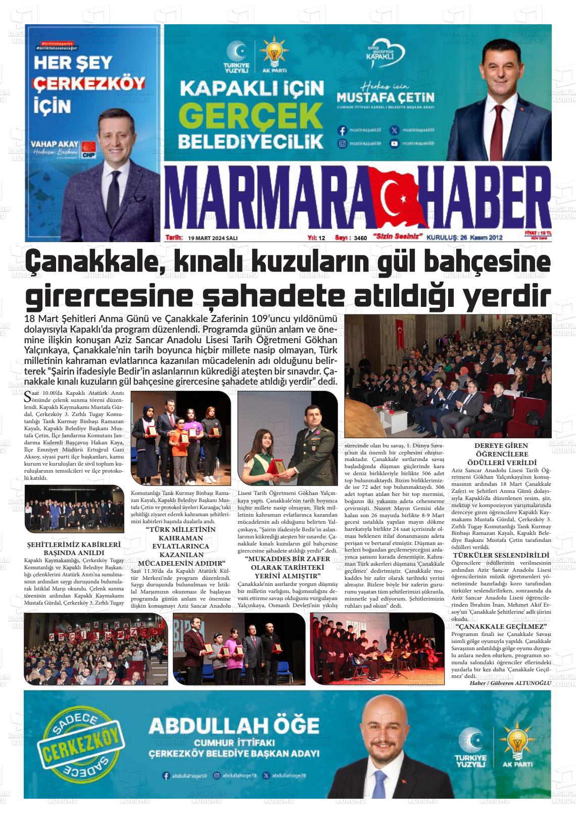 19 Mart 2024 Marmara Haber Gazete Manşeti