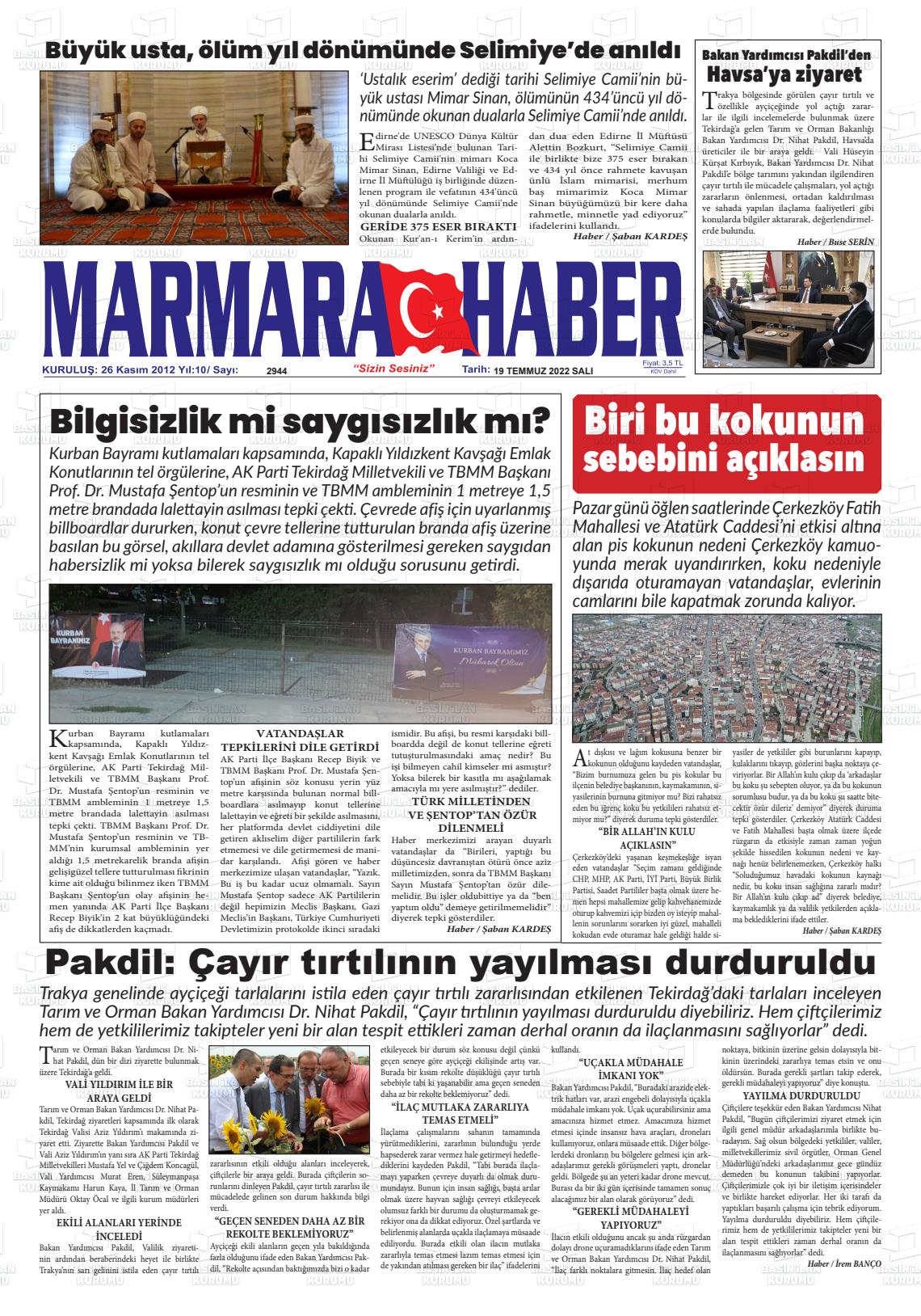 19 Temmuz 2022 Marmara Haber Gazete Manşeti