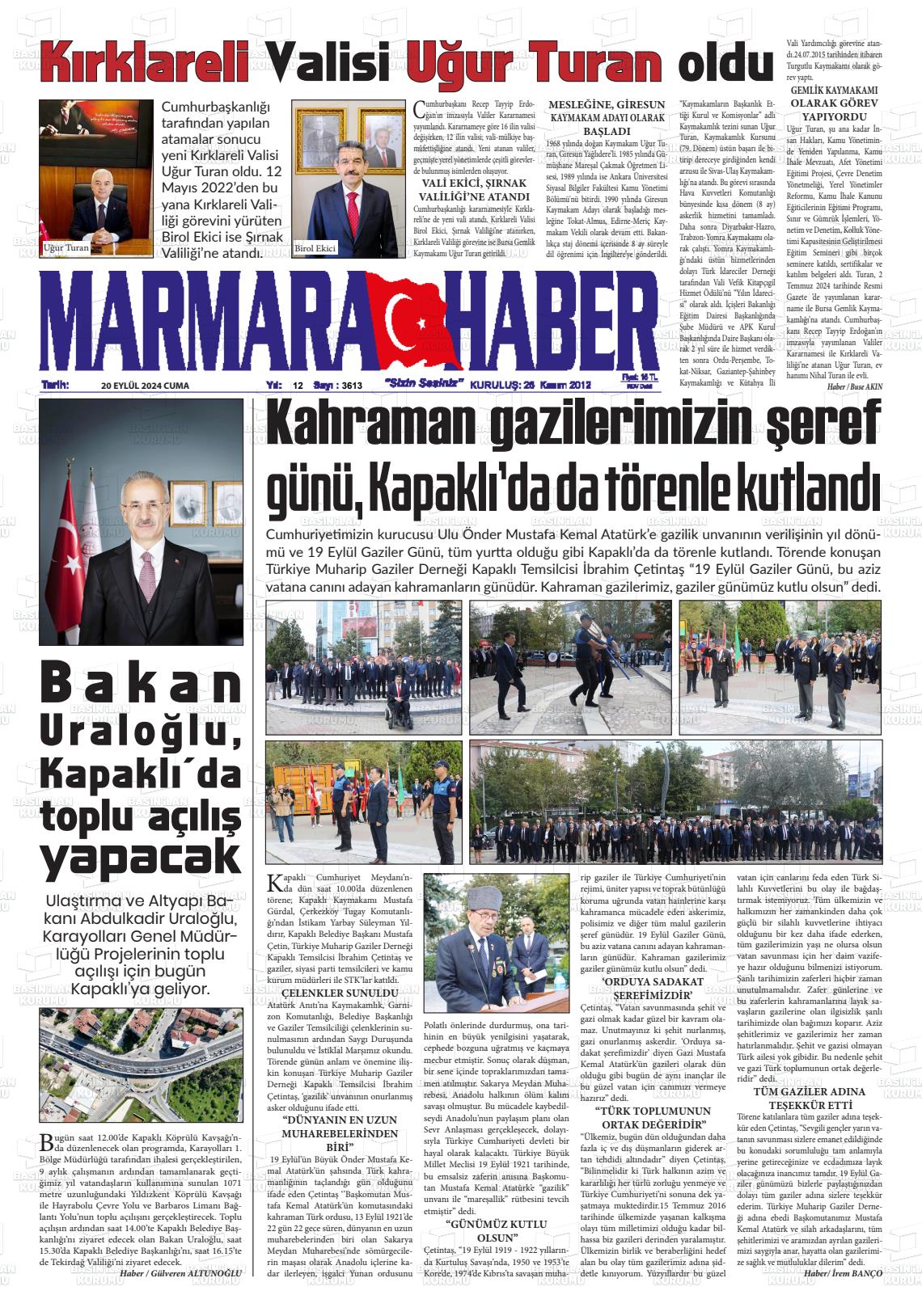 20 Eylül 2024 Marmara Haber Gazete Manşeti