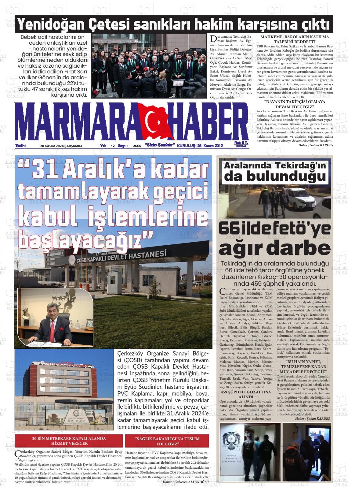 20 Kasım 2024 Marmara Haber Gazete Manşeti