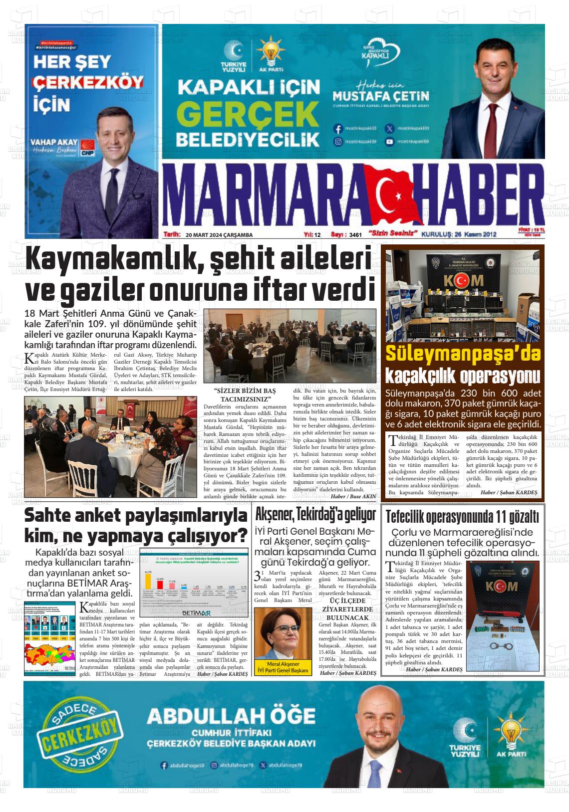 20 Mart 2024 Marmara Haber Gazete Manşeti