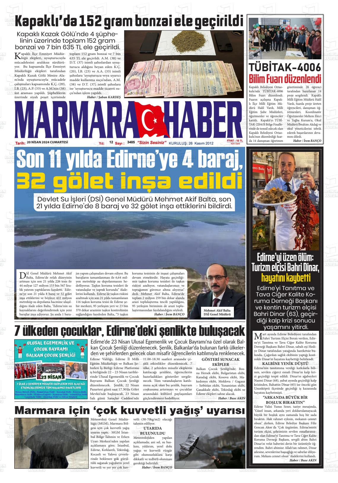 20 Nisan 2024 Marmara Haber Gazete Manşeti