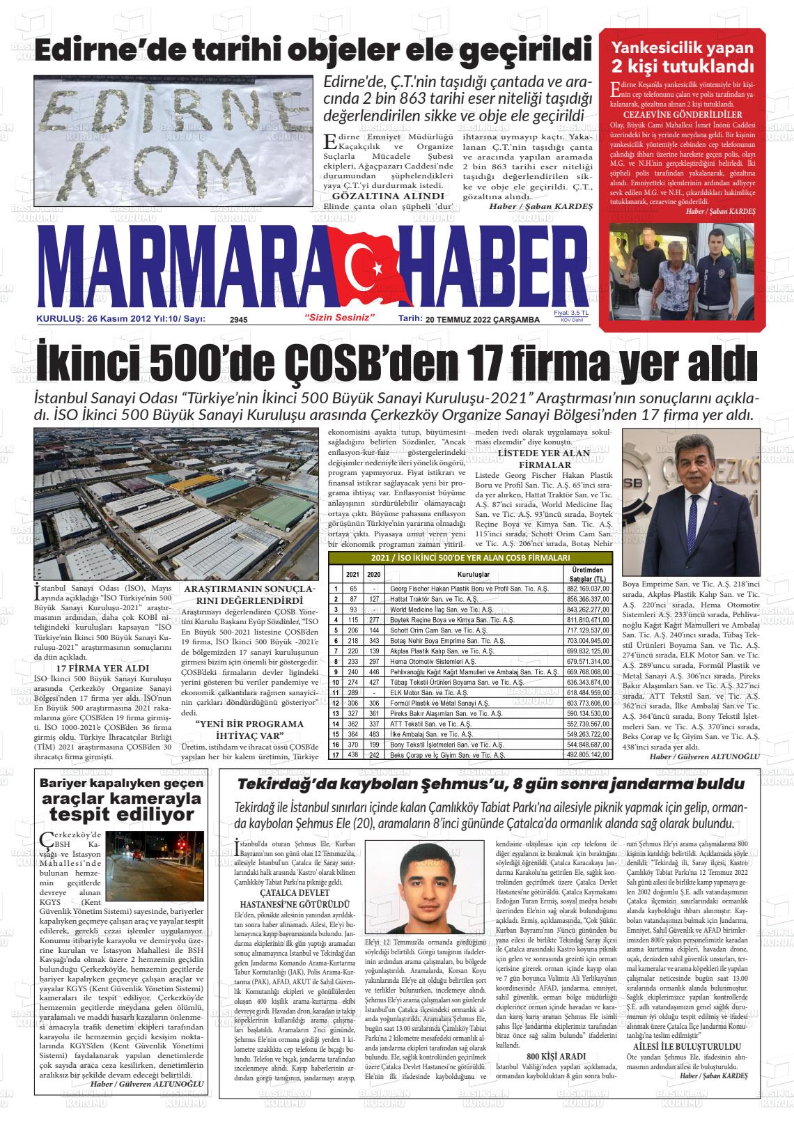 20 Temmuz 2022 Marmara Haber Gazete Manşeti