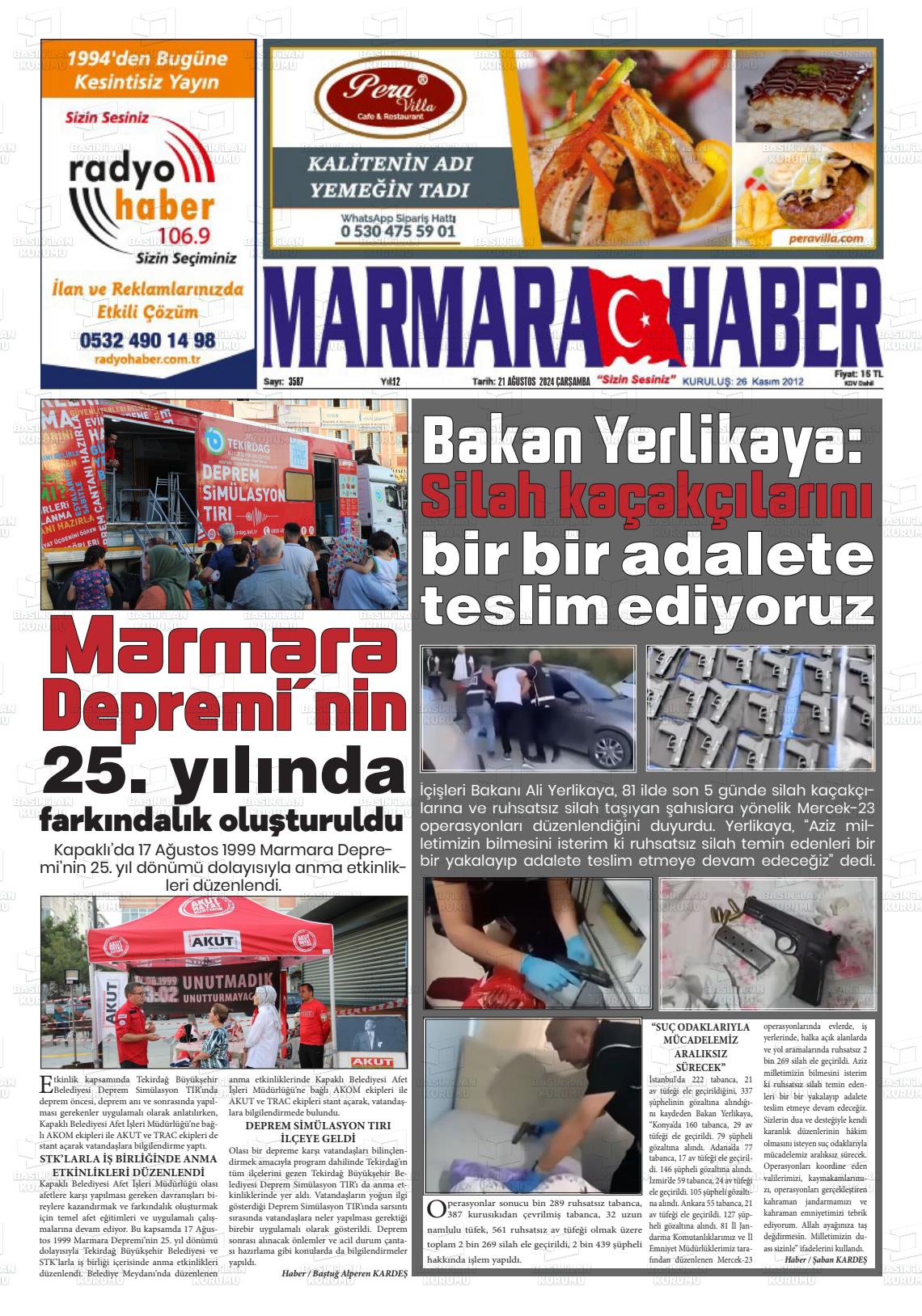 21 Ağustos 2024 Marmara Haber Gazete Manşeti