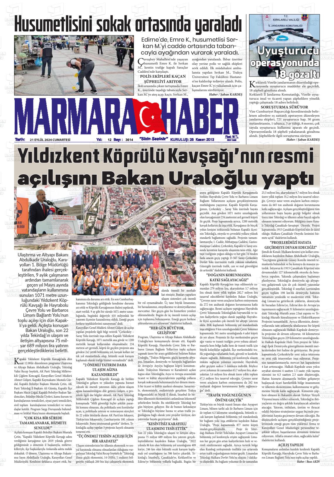 21 Eylül 2024 Marmara Haber Gazete Manşeti