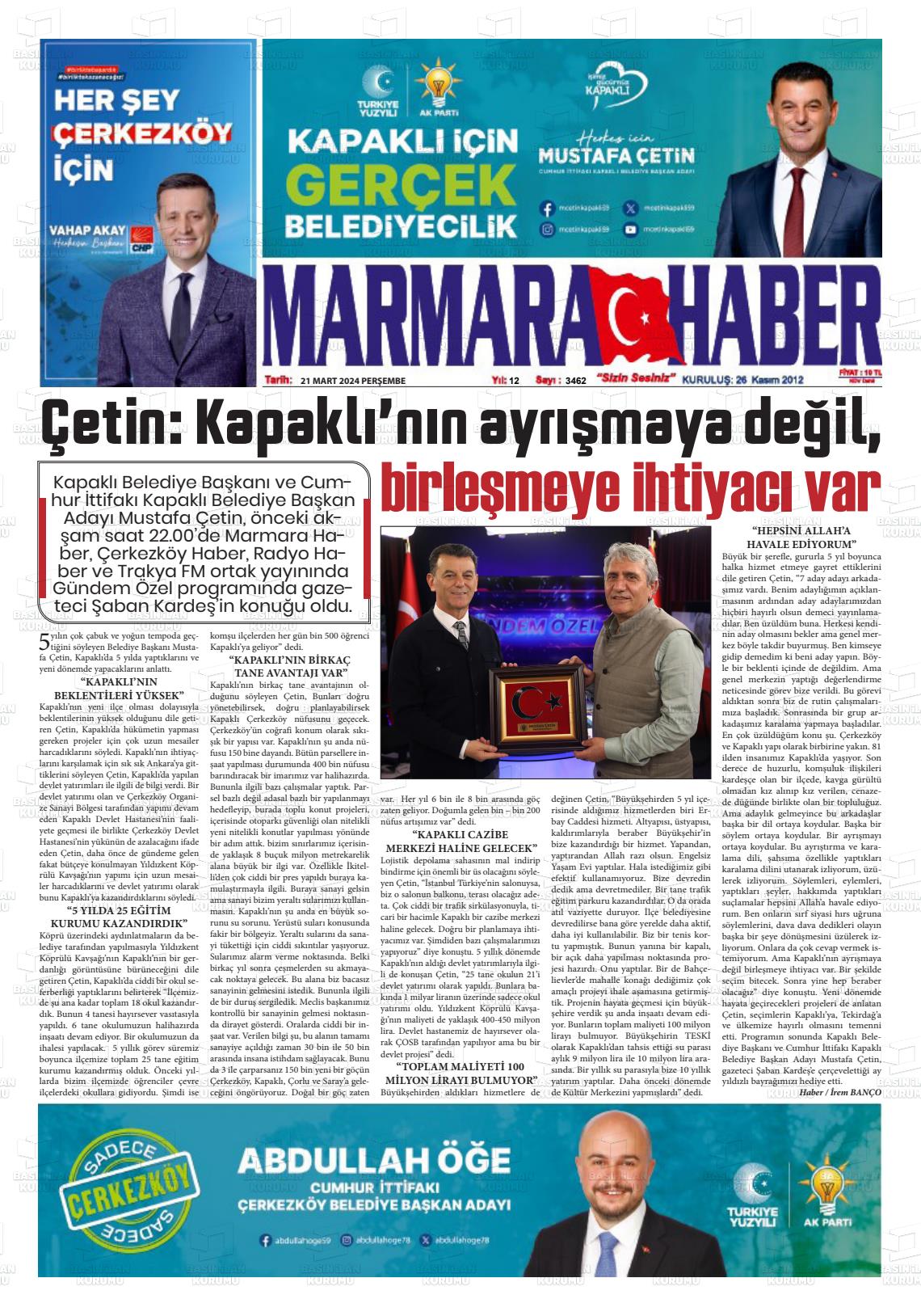 21 Mart 2024 Marmara Haber Gazete Manşeti