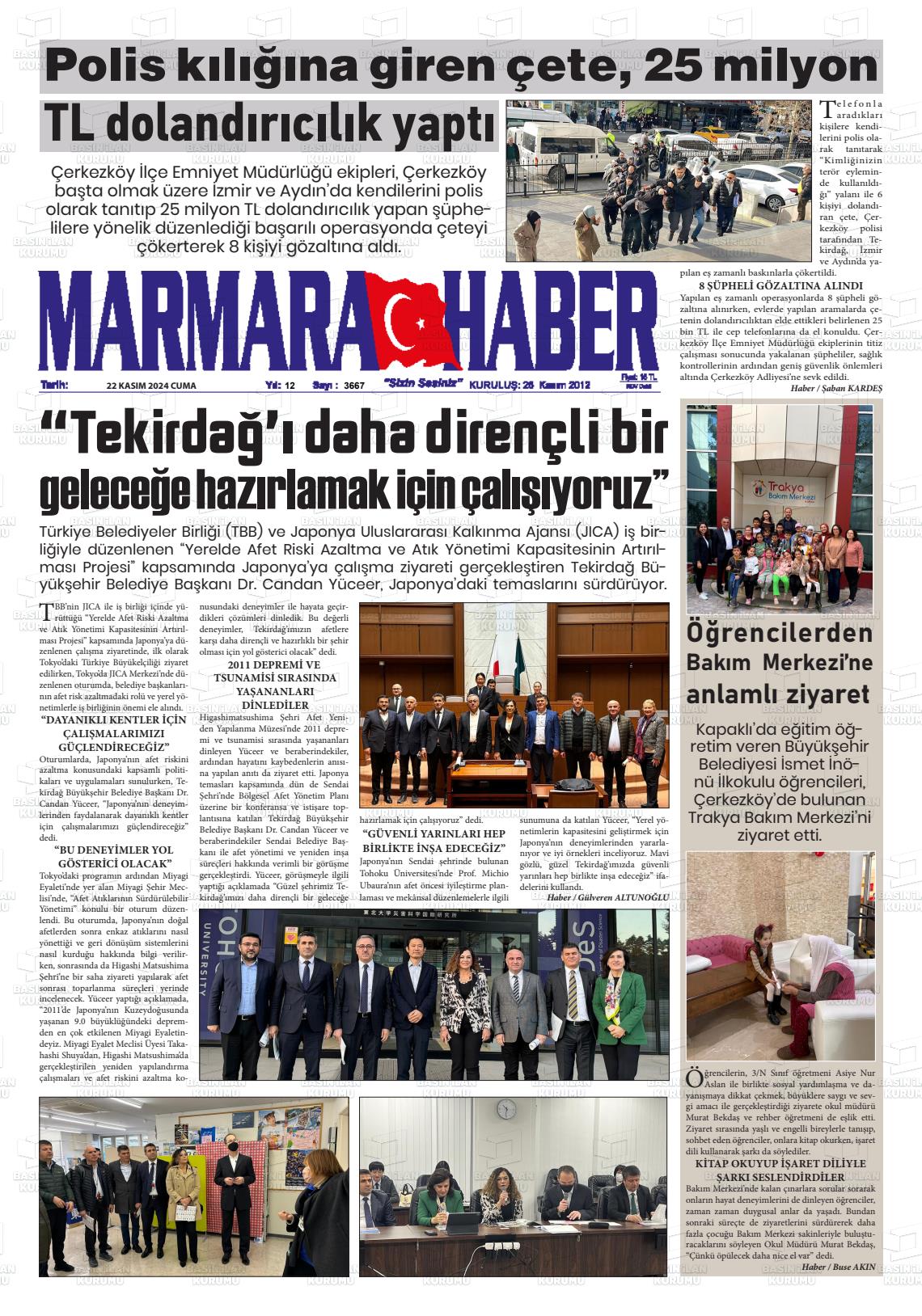 22 Kasım 2024 Marmara Haber Gazete Manşeti