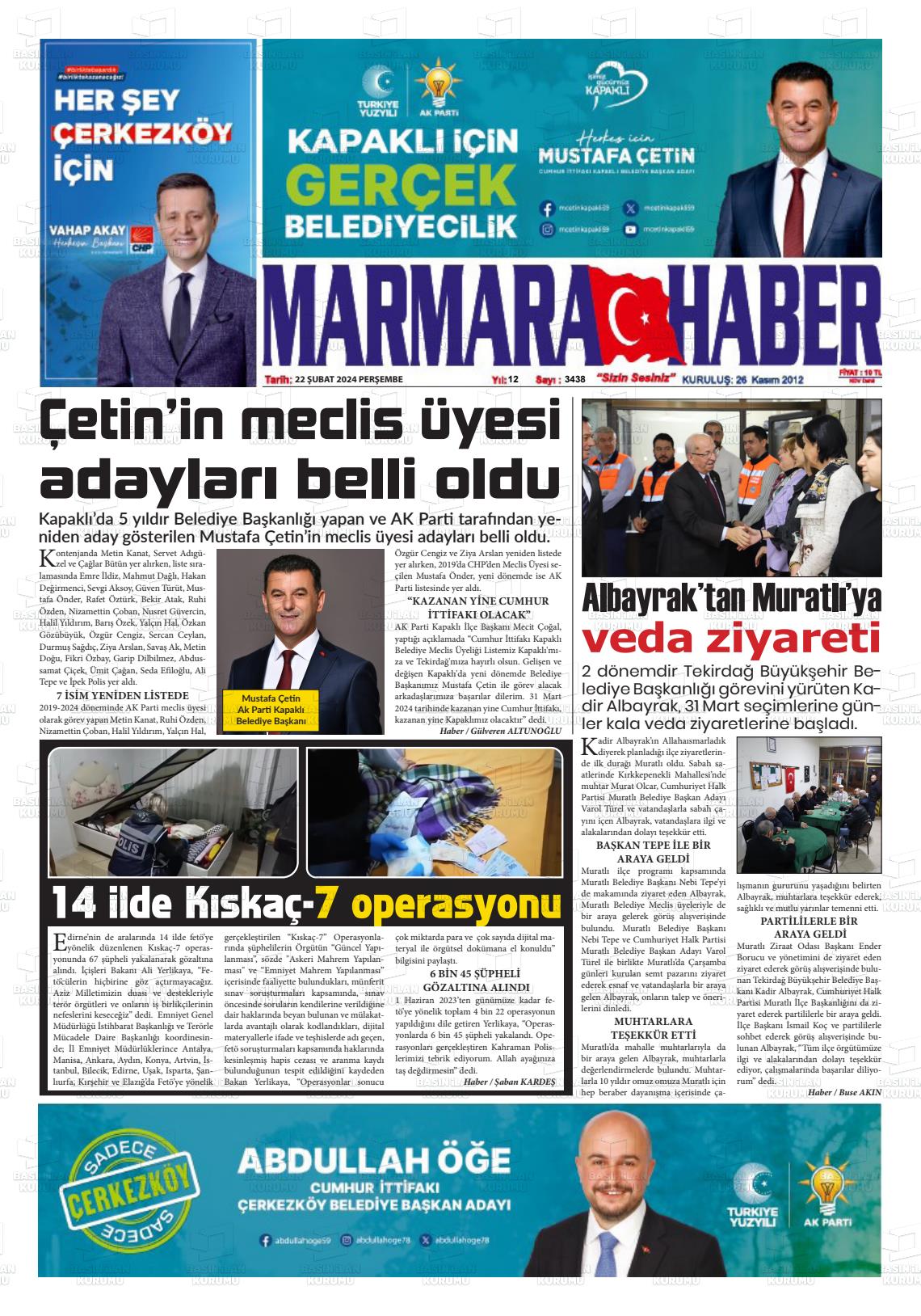 22 Şubat 2024 Marmara Haber Gazete Manşeti