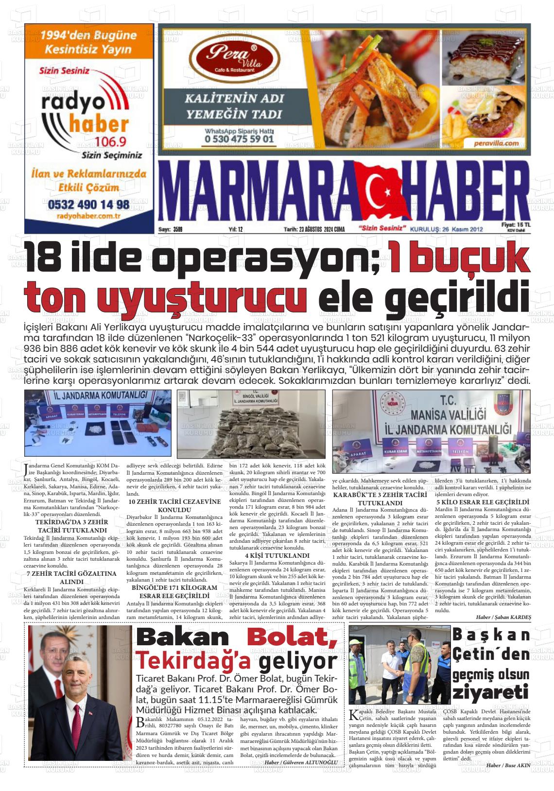 23 Ağustos 2024 Marmara Haber Gazete Manşeti