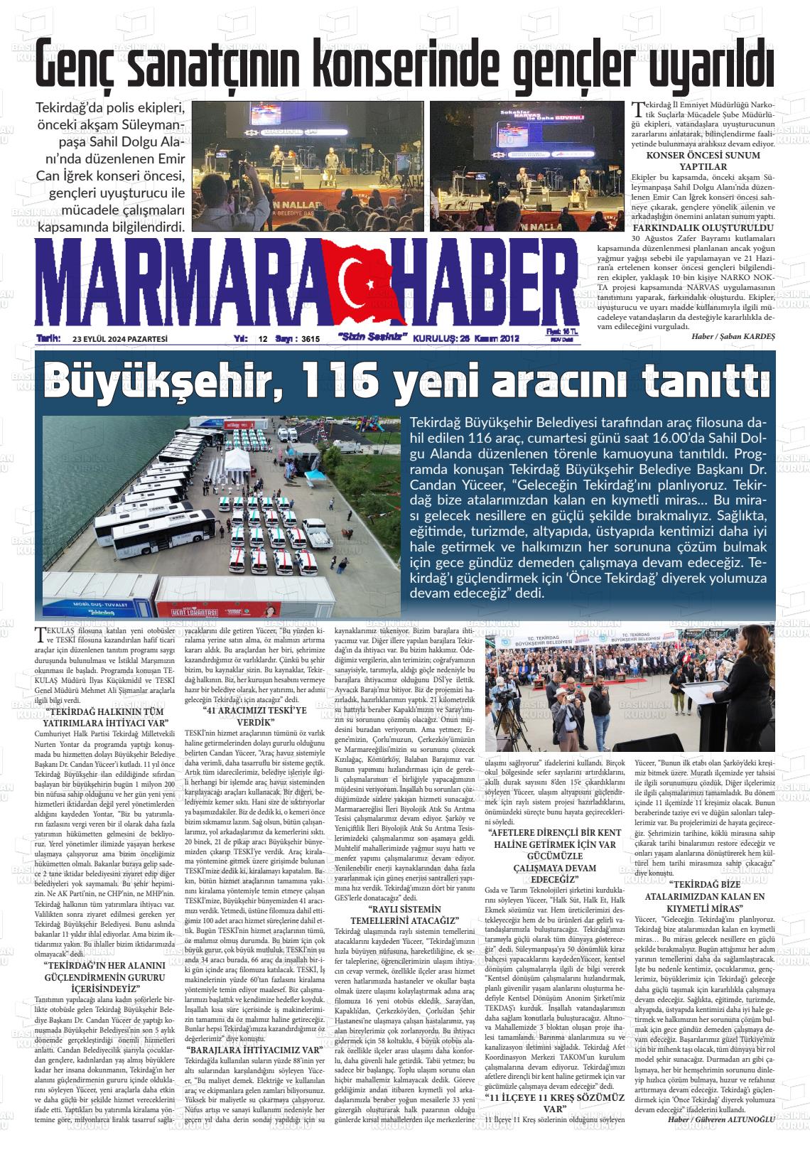 23 Eylül 2024 Marmara Haber Gazete Manşeti