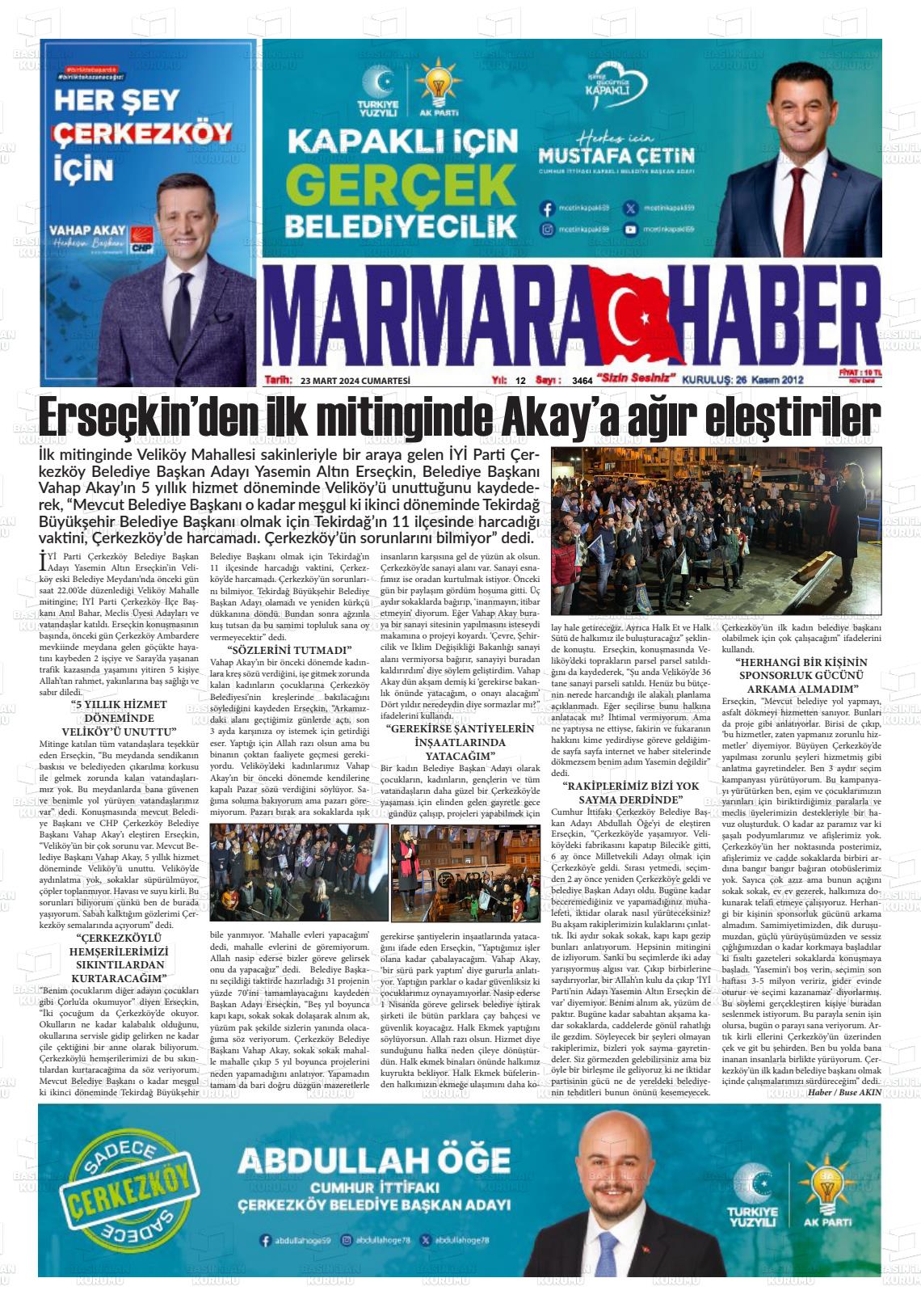 23 Mart 2024 Marmara Haber Gazete Manşeti