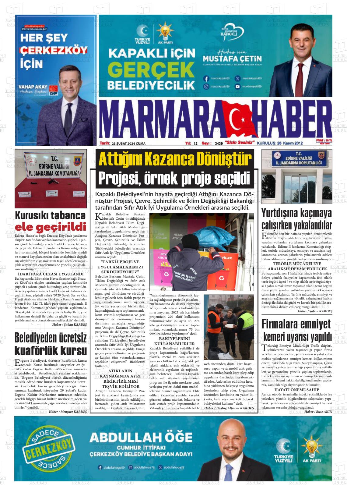 23 Şubat 2024 Marmara Haber Gazete Manşeti