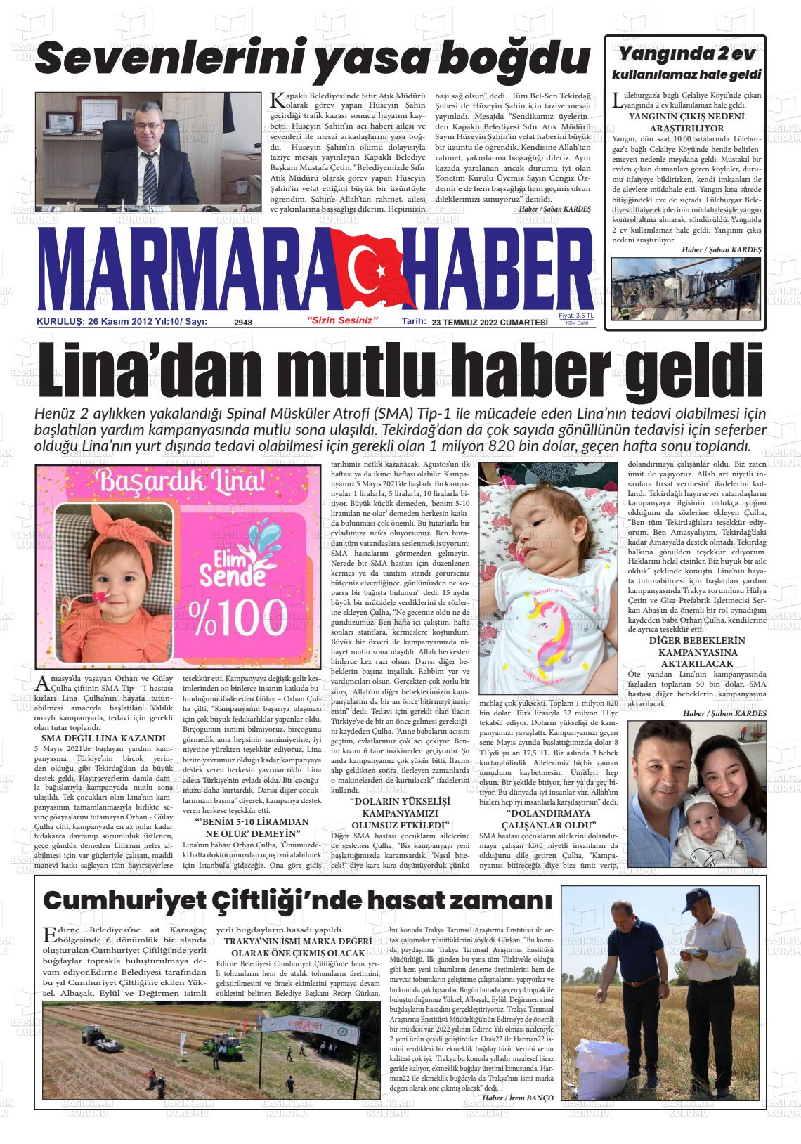 23 Temmuz 2022 Marmara Haber Gazete Manşeti