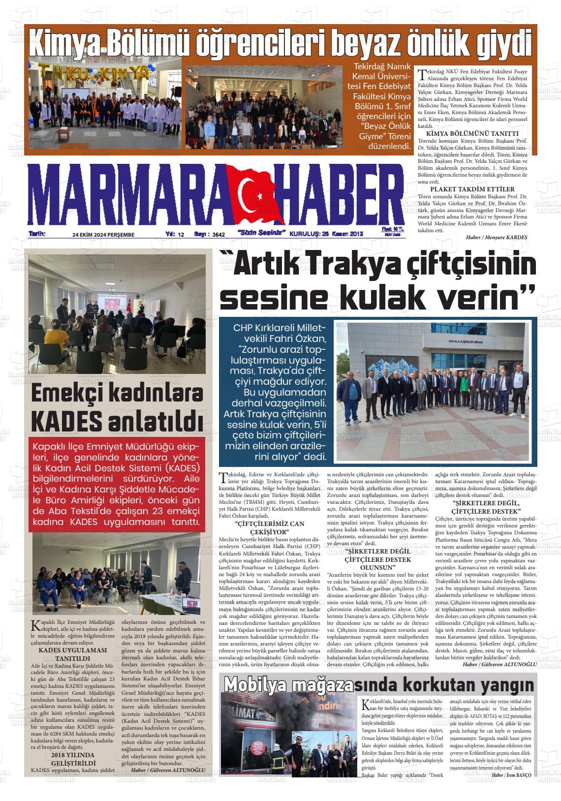 24 Ekim 2024 Marmara Haber Gazete Manşeti