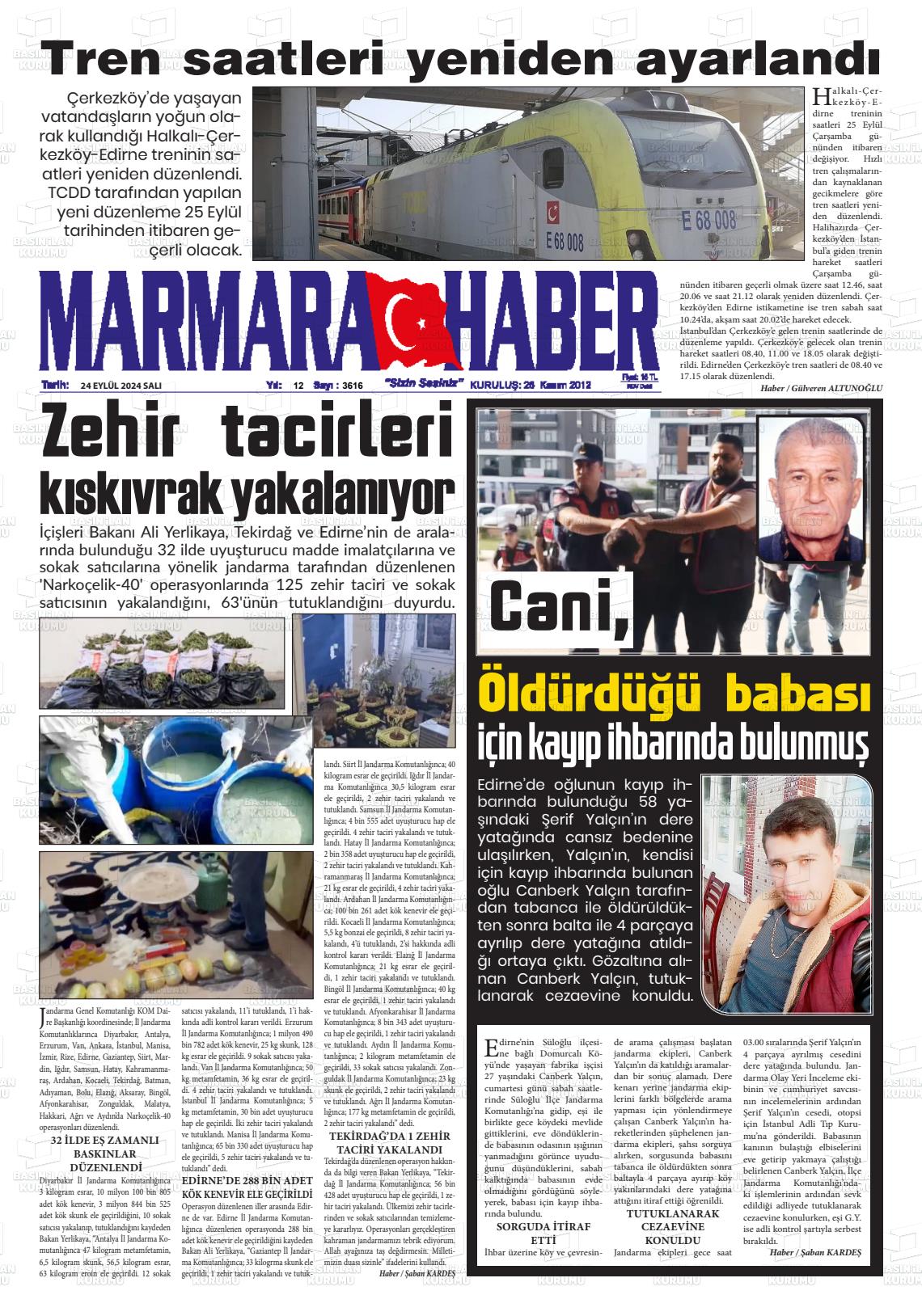 24 Eylül 2024 Marmara Haber Gazete Manşeti