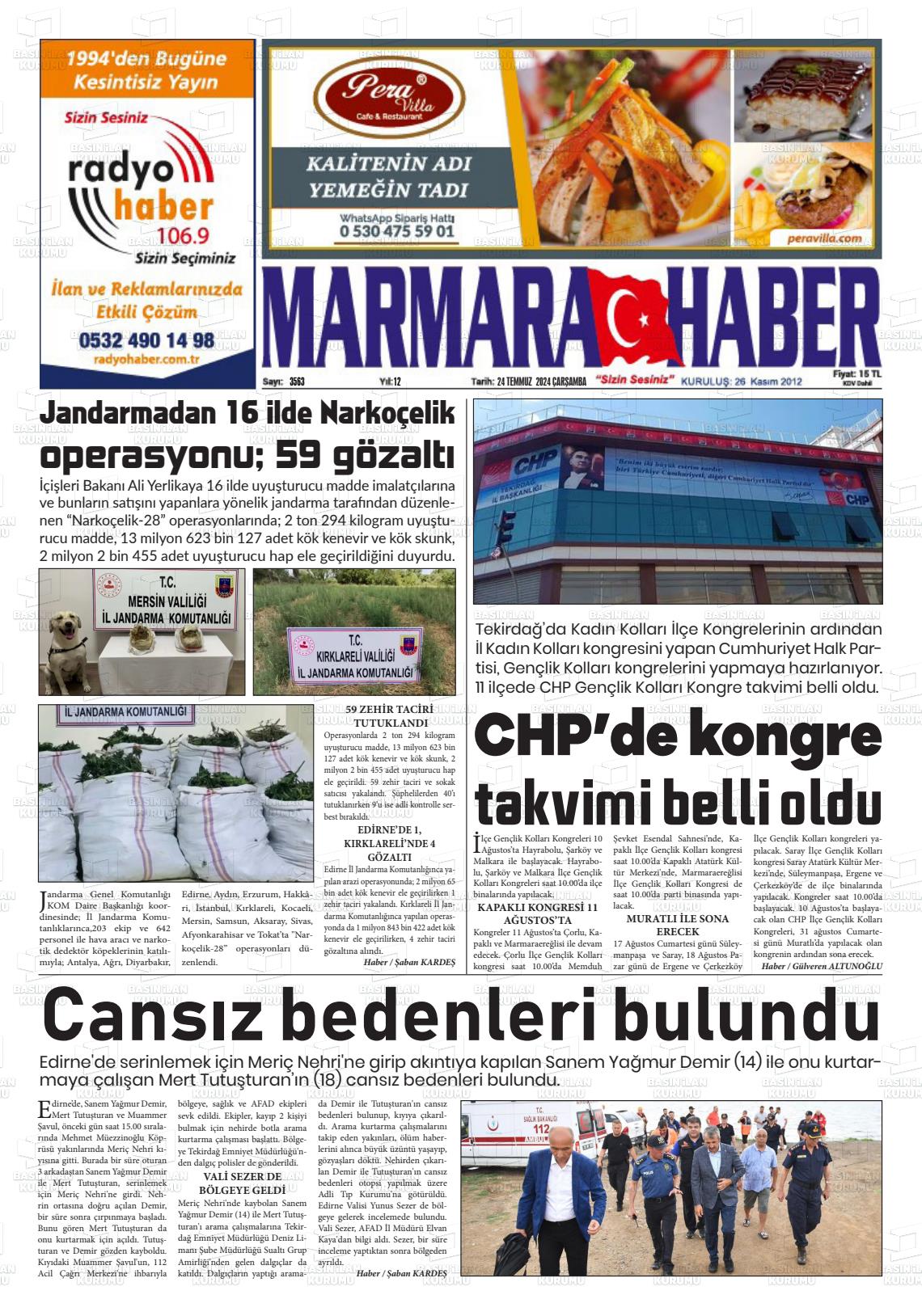 24 Temmuz 2024 Marmara Haber Gazete Manşeti