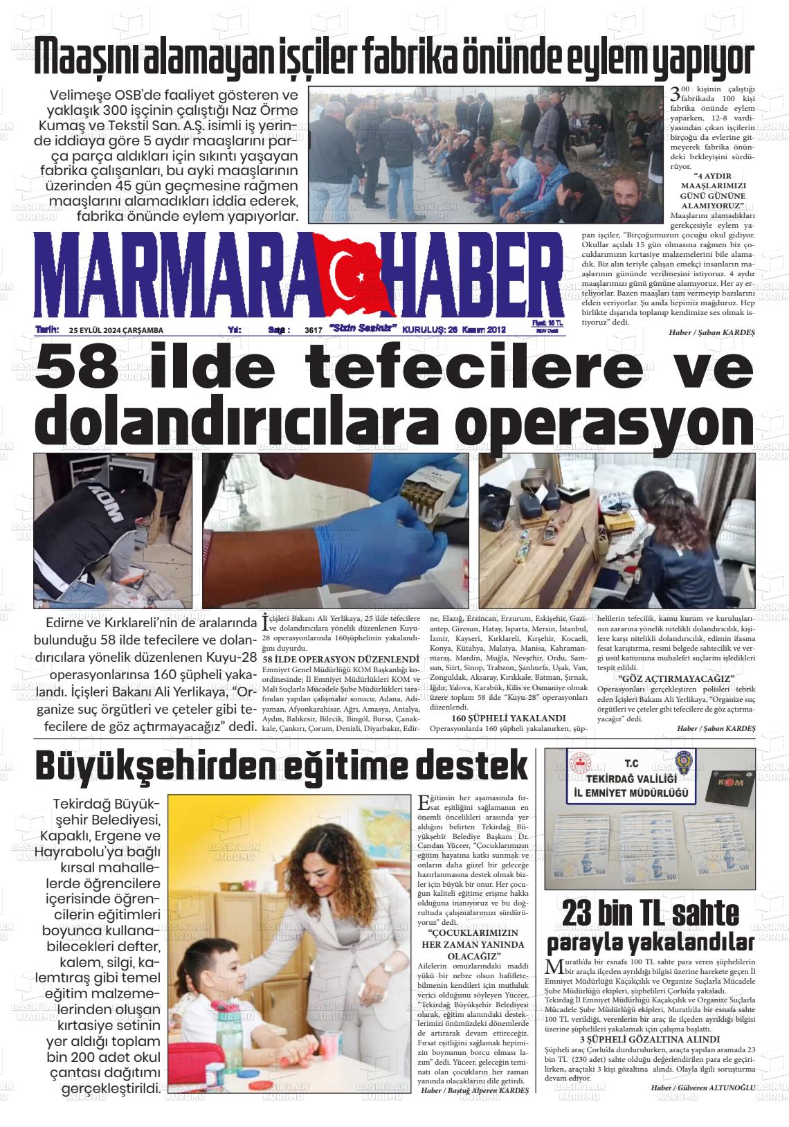 25 Eylül 2024 Marmara Haber Gazete Manşeti