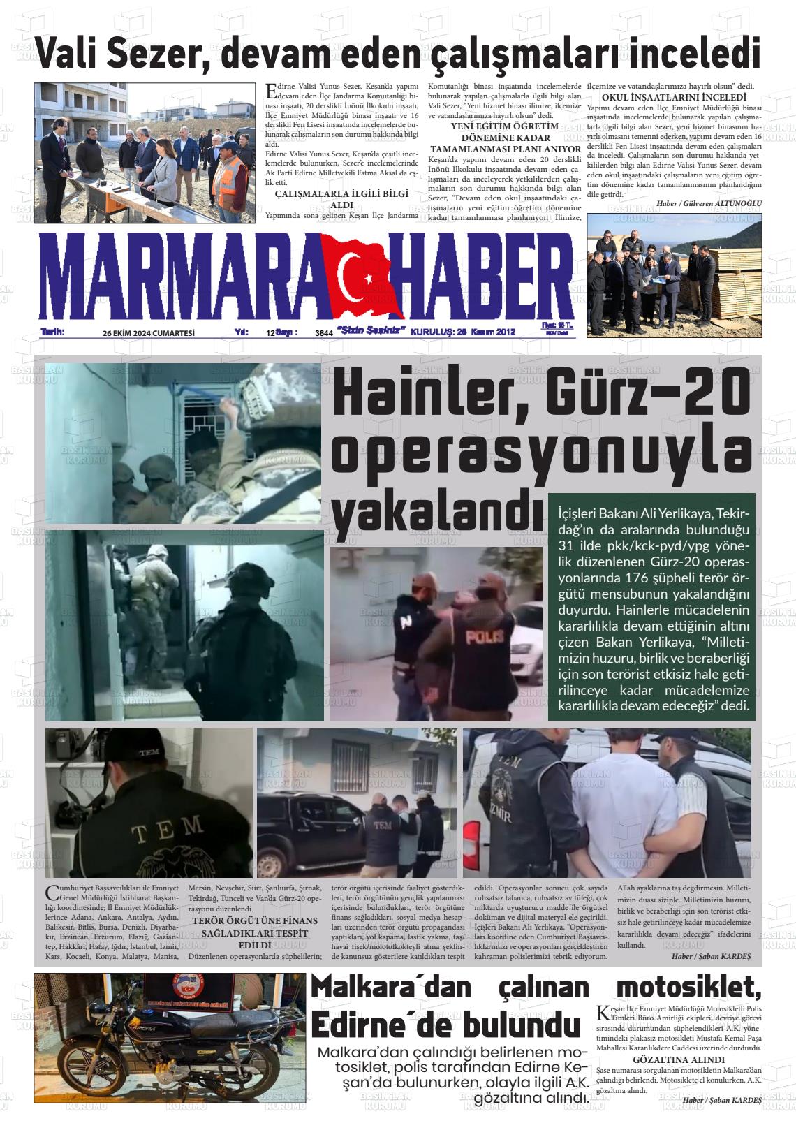 26 Ekim 2024 Marmara Haber Gazete Manşeti