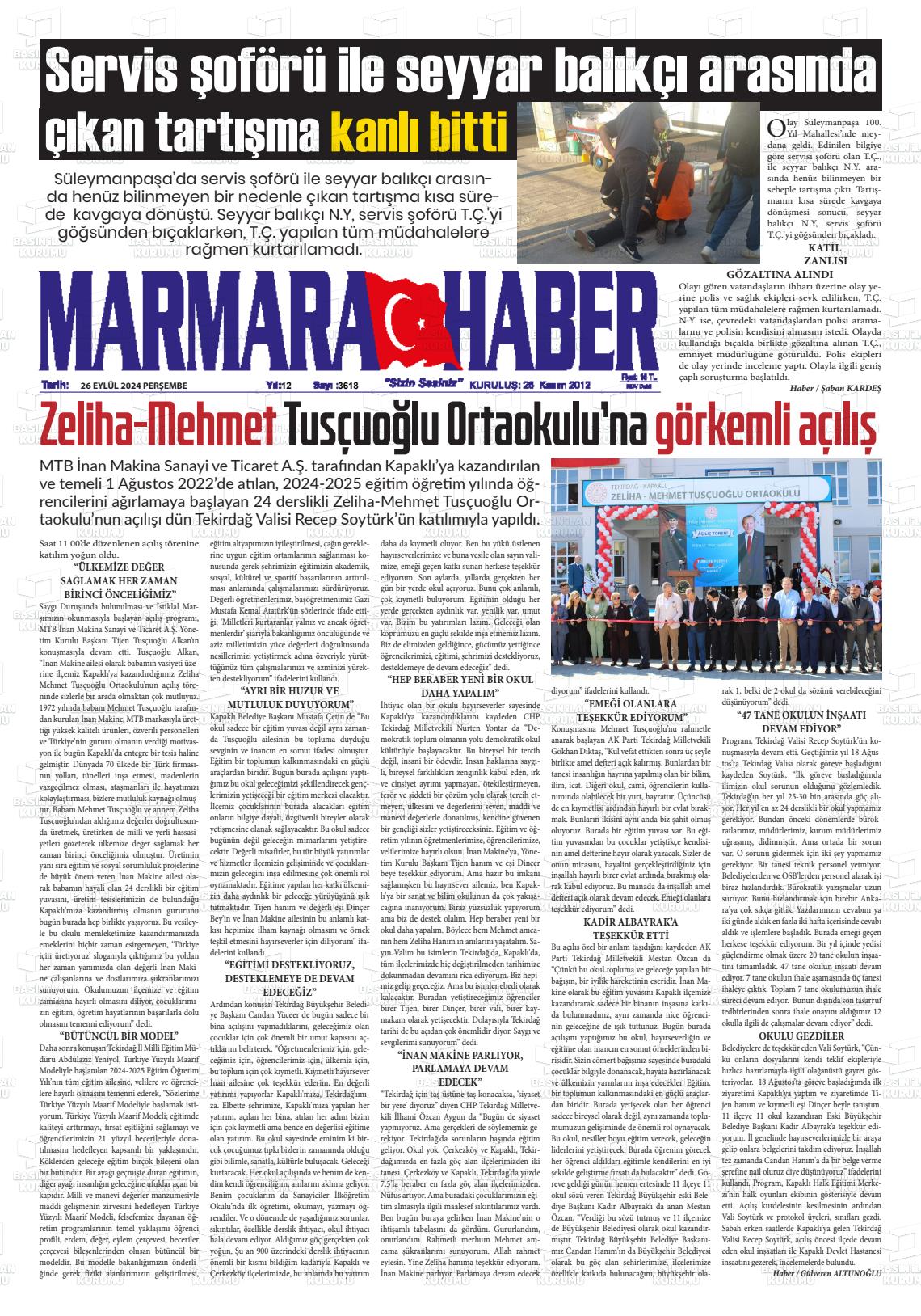 26 Eylül 2024 Marmara Haber Gazete Manşeti