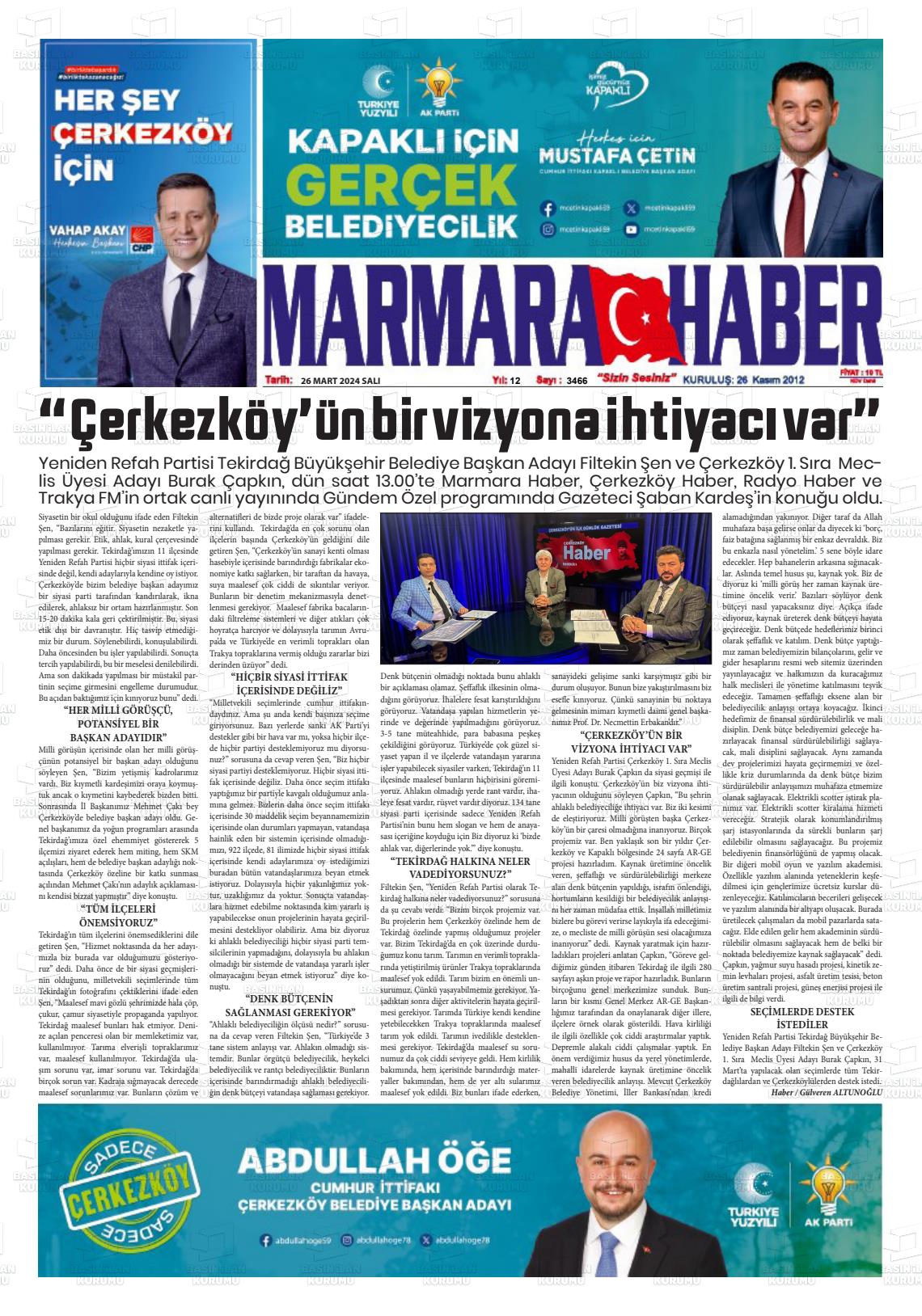 26 Mart 2024 Marmara Haber Gazete Manşeti