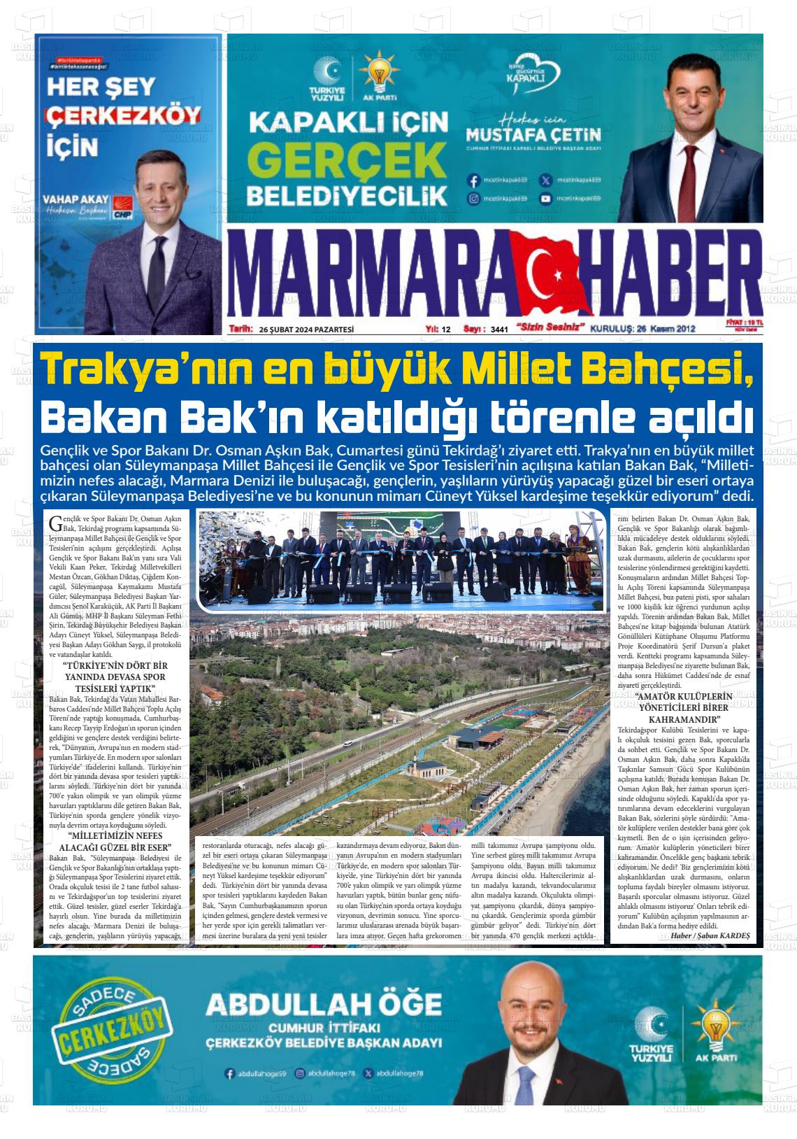 26 Şubat 2024 Marmara Haber Gazete Manşeti