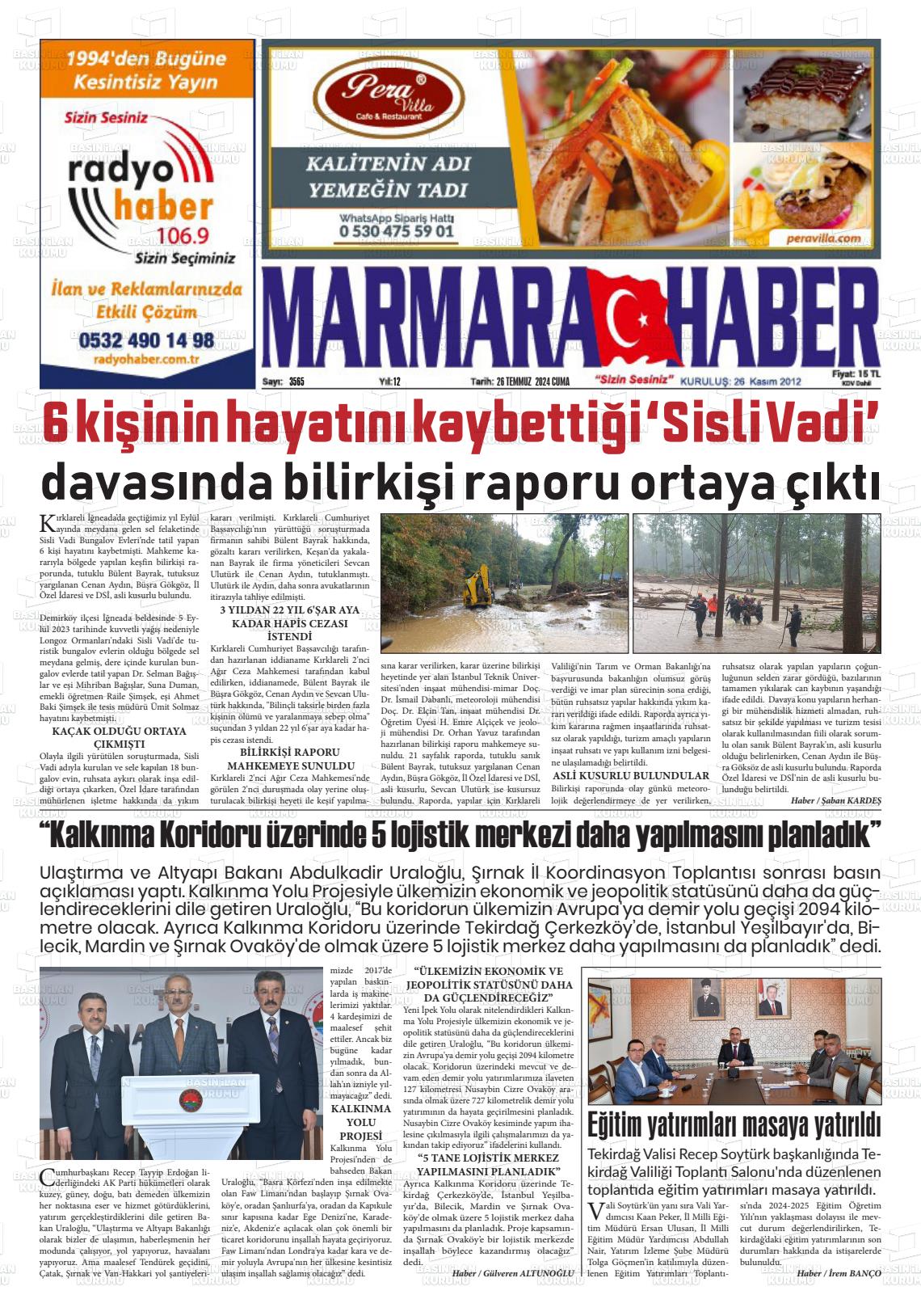 26 Temmuz 2024 Marmara Haber Gazete Manşeti