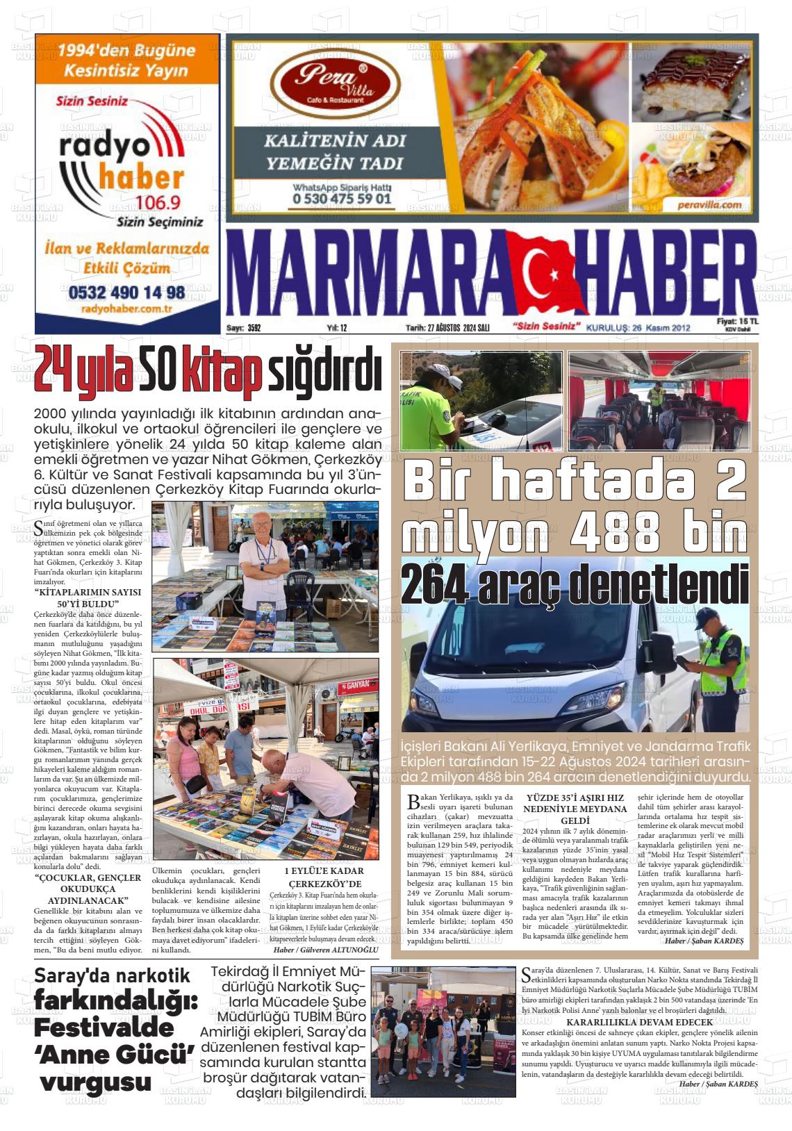 27 Ağustos 2024 Marmara Haber Gazete Manşeti