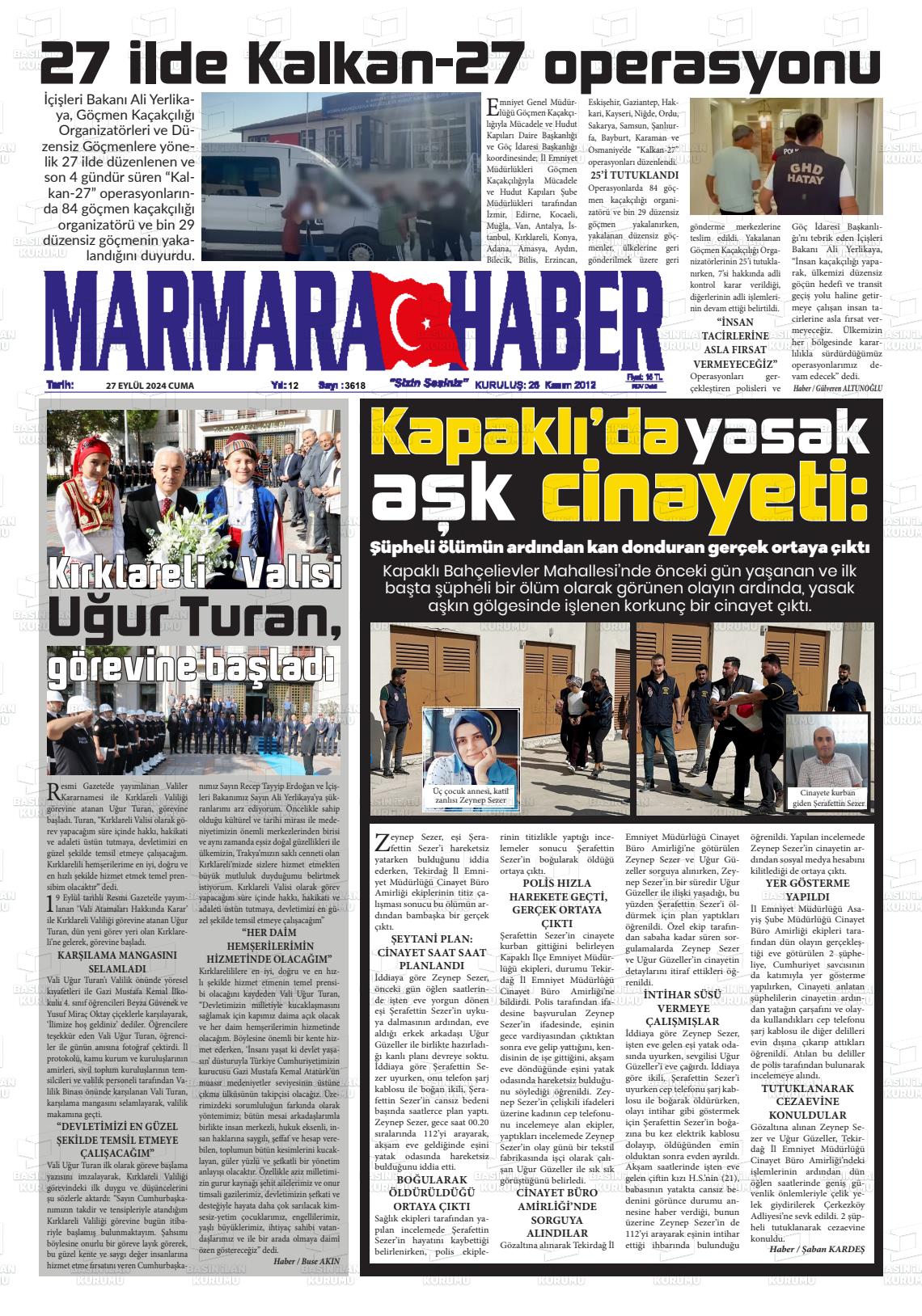 27 Eylül 2024 Marmara Haber Gazete Manşeti