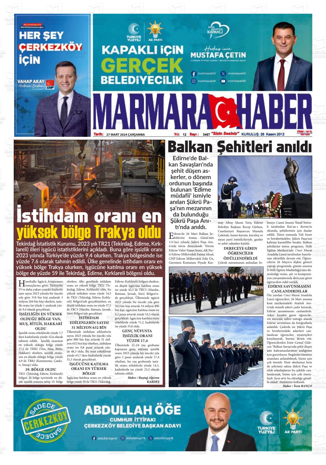 27 Mart 2024 Marmara Haber Gazete Manşeti