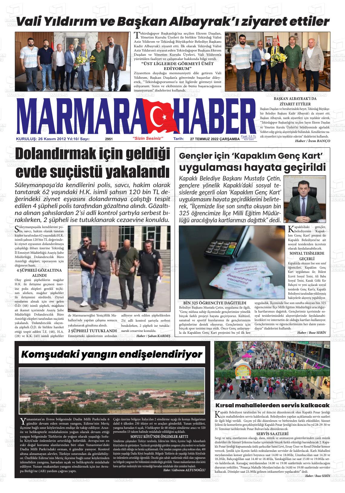 27 Temmuz 2022 Marmara Haber Gazete Manşeti