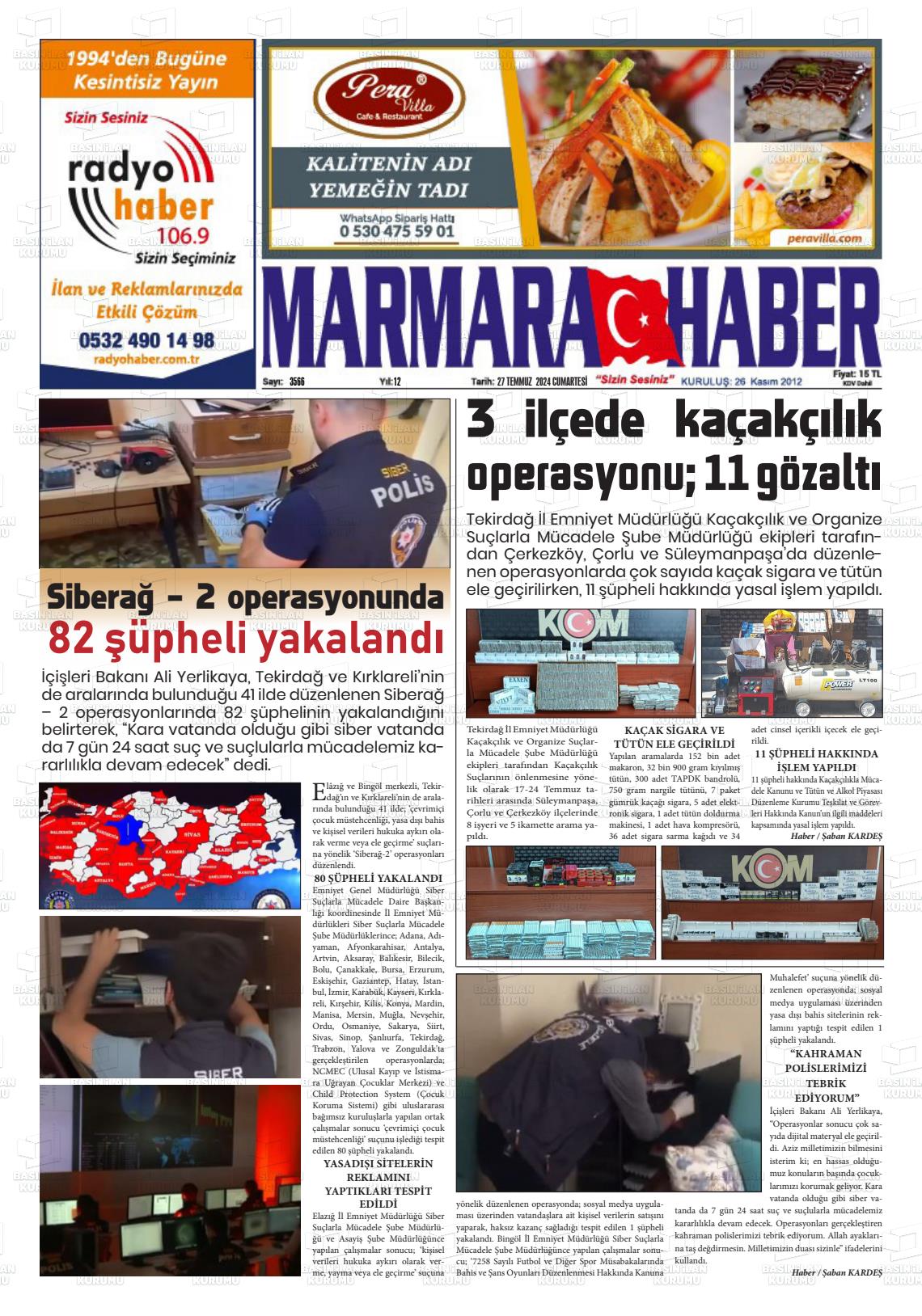 27 Temmuz 2024 Marmara Haber Gazete Manşeti