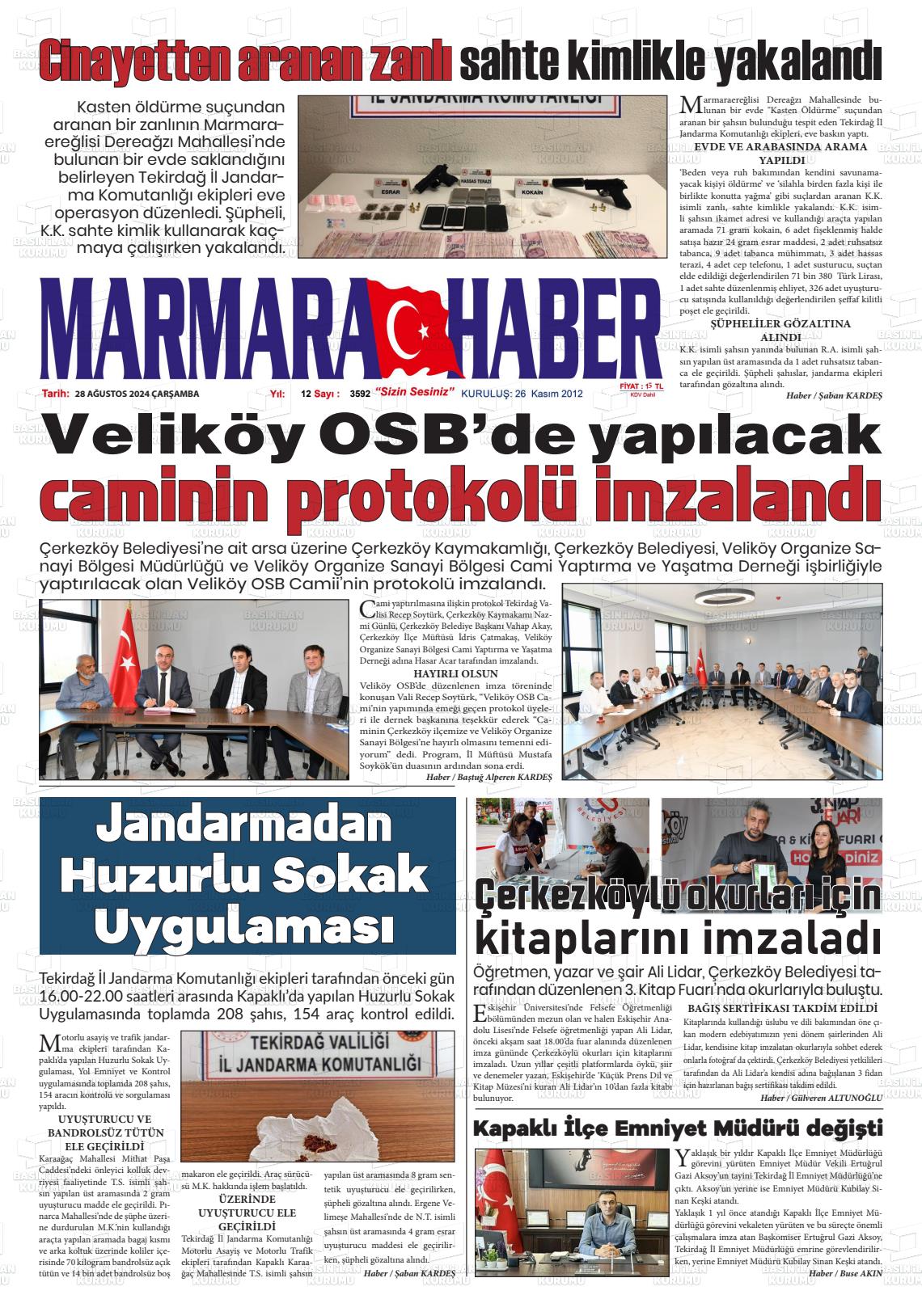 28 Ağustos 2024 Marmara Haber Gazete Manşeti