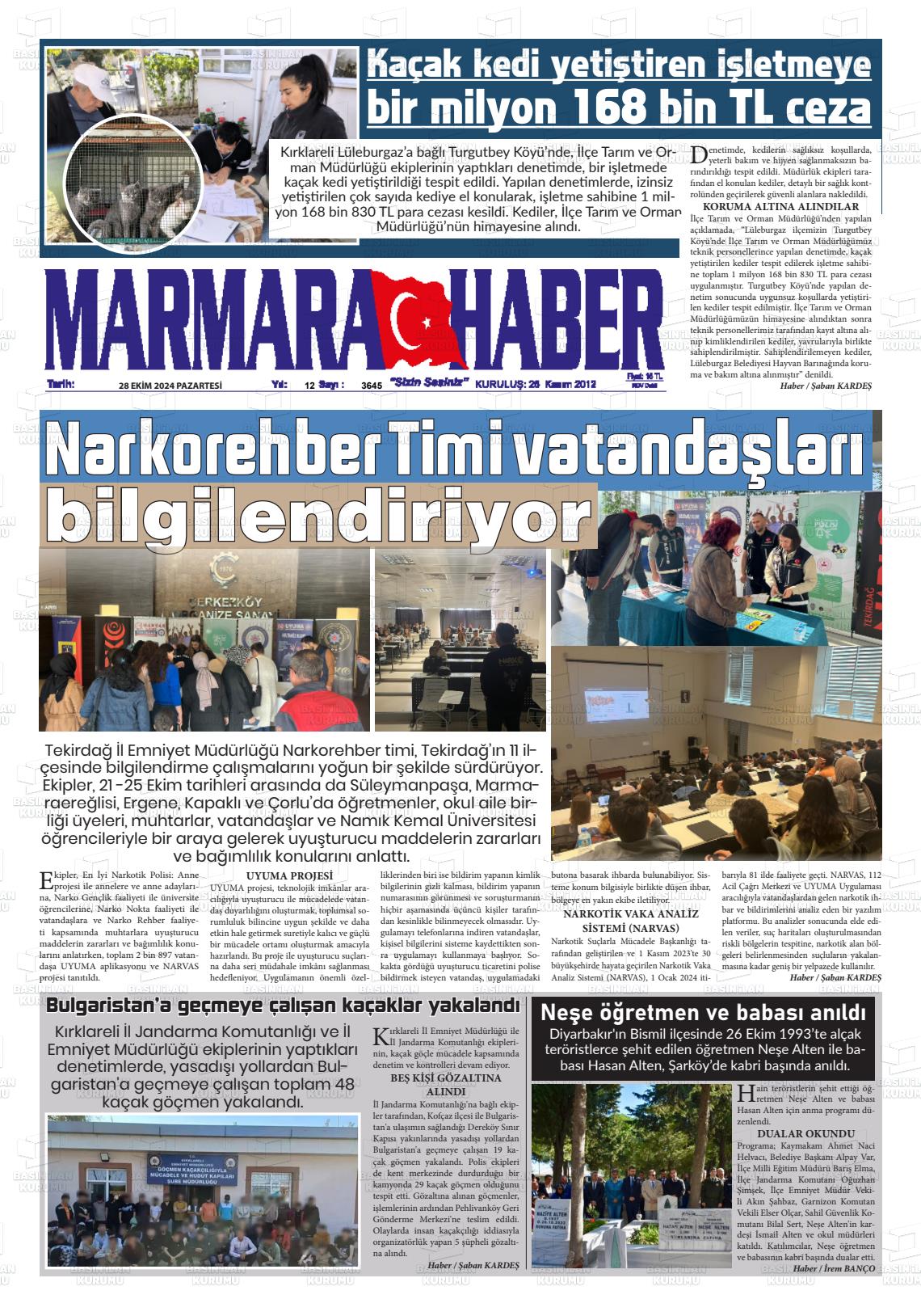 28 Ekim 2024 Marmara Haber Gazete Manşeti