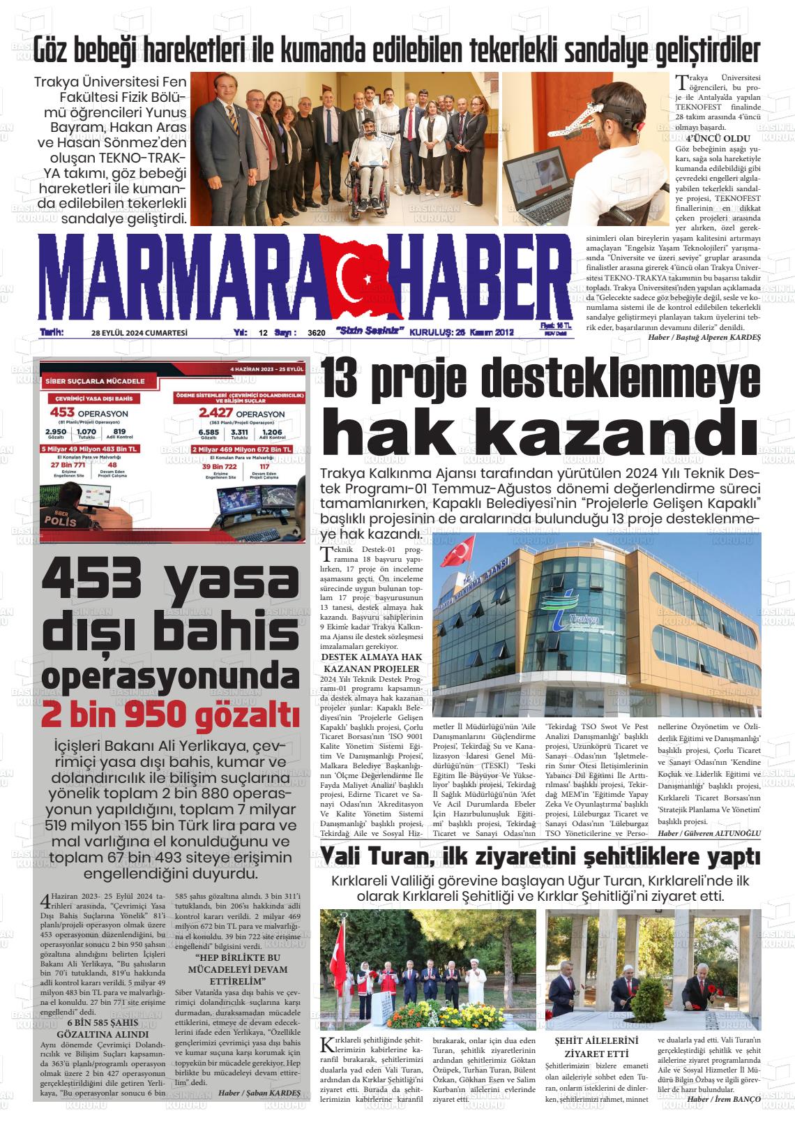 28 Eylül 2024 Marmara Haber Gazete Manşeti