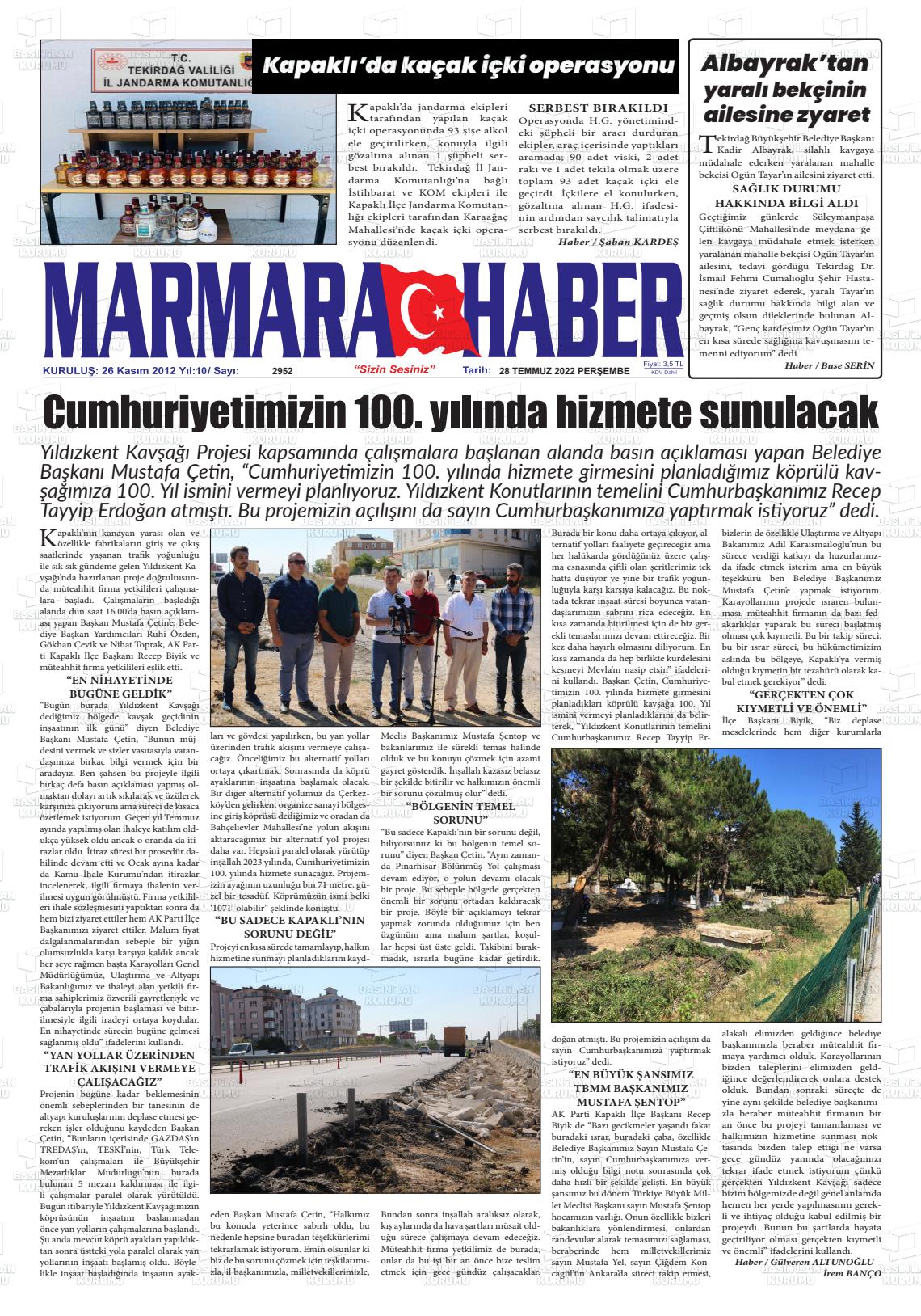 28 Temmuz 2022 Marmara Haber Gazete Manşeti