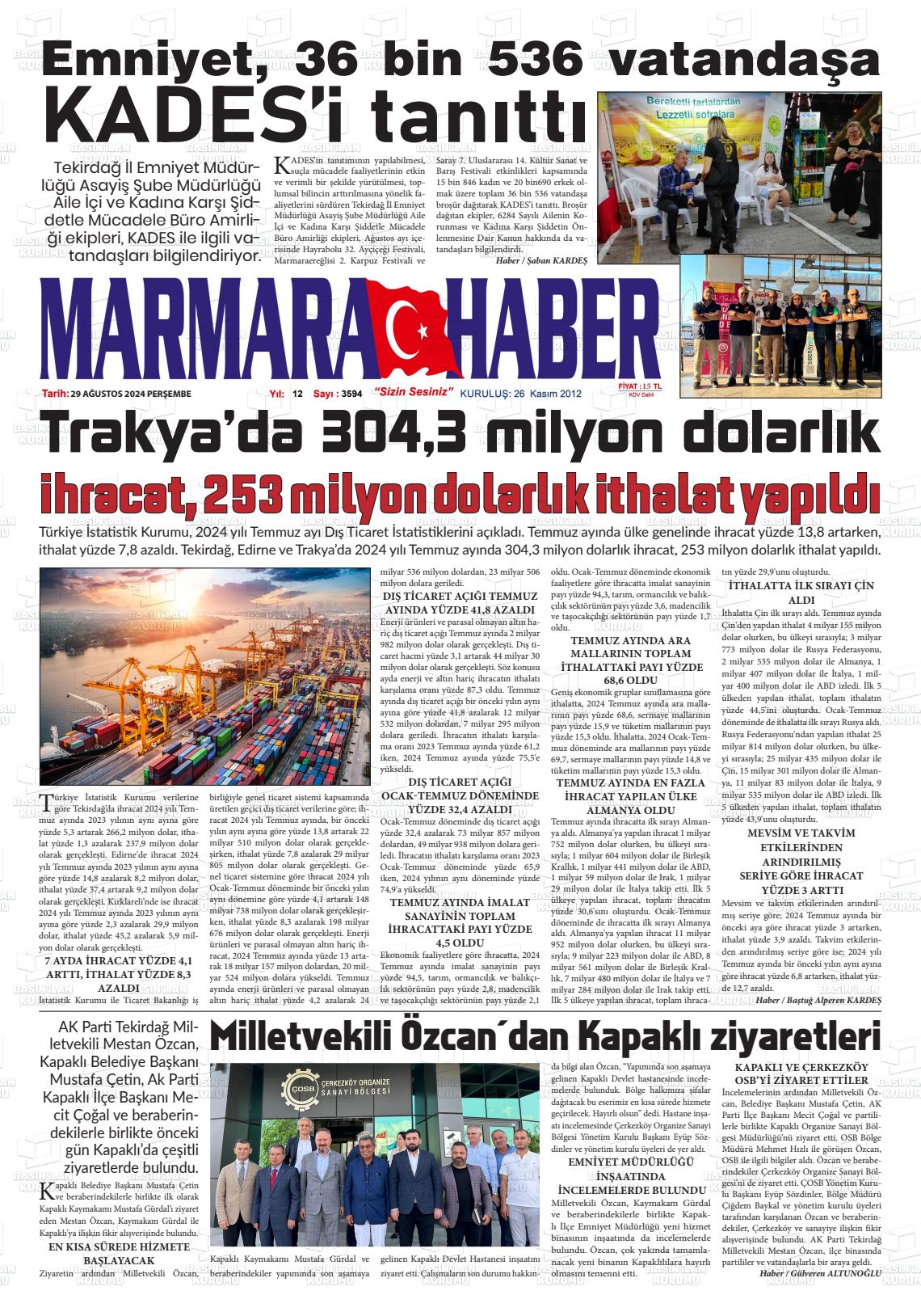 29 Ağustos 2024 Marmara Haber Gazete Manşeti