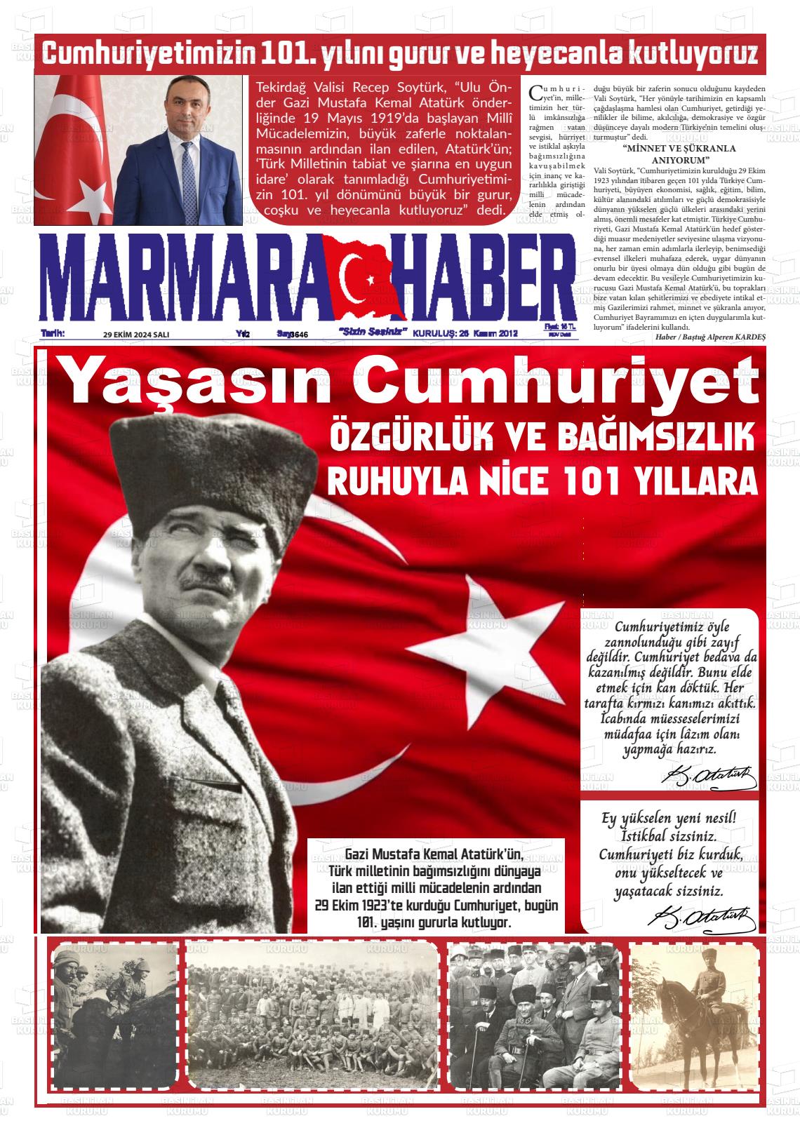 29 Ekim 2024 Marmara Haber Gazete Manşeti