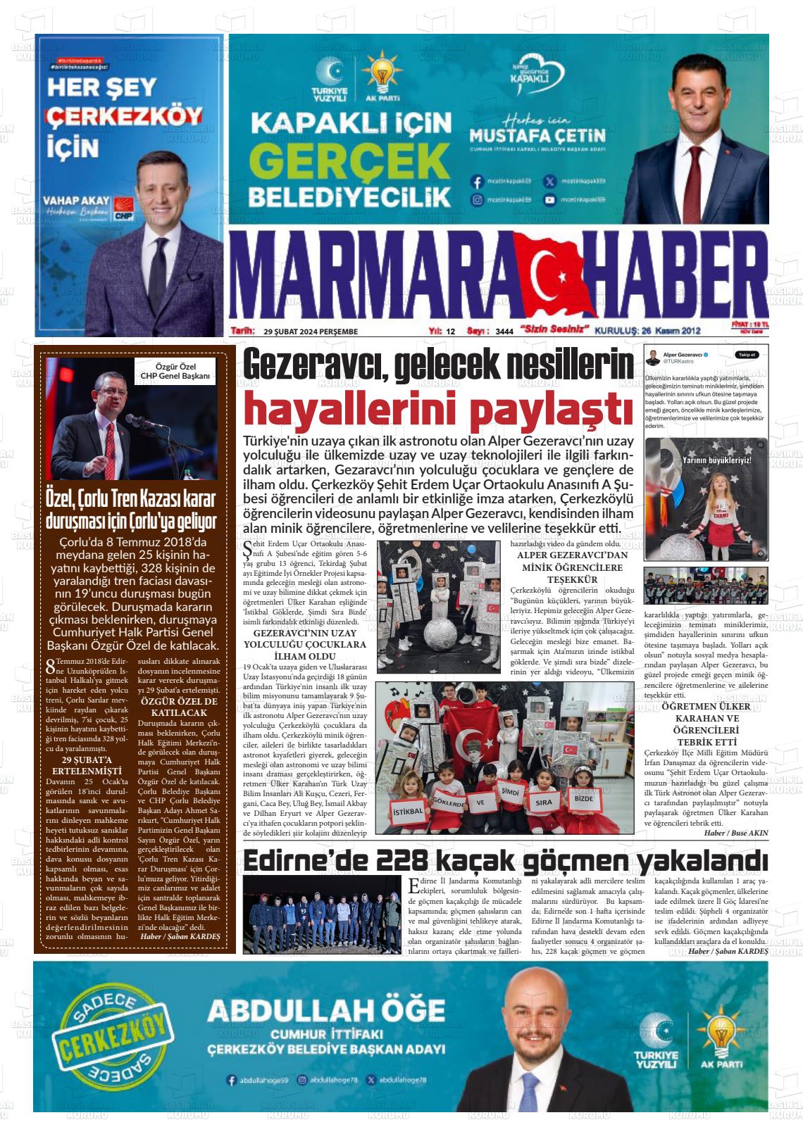 29 Şubat 2024 Marmara Haber Gazete Manşeti