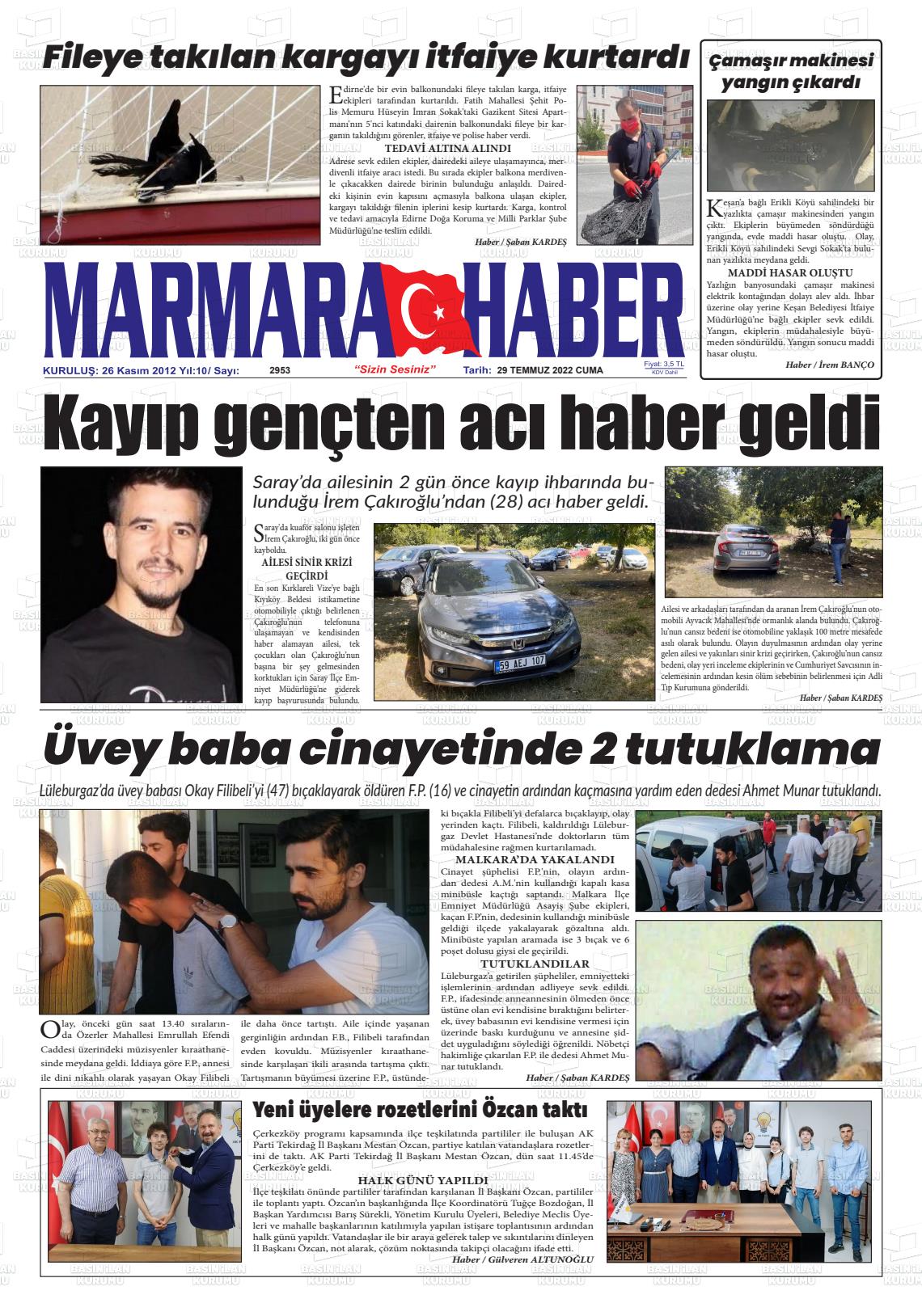 29 Temmuz 2022 Marmara Haber Gazete Manşeti