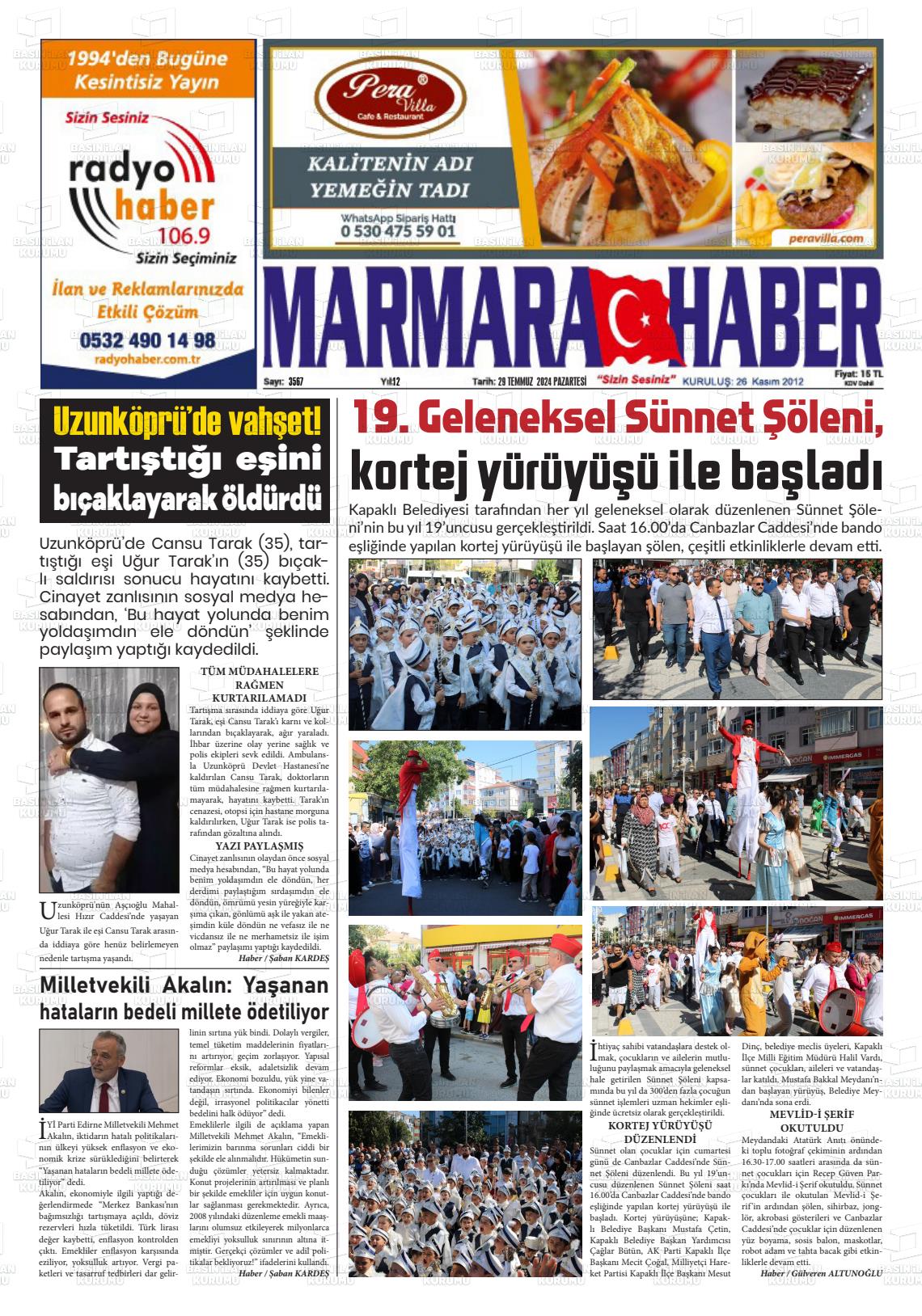 29 Temmuz 2024 Marmara Haber Gazete Manşeti