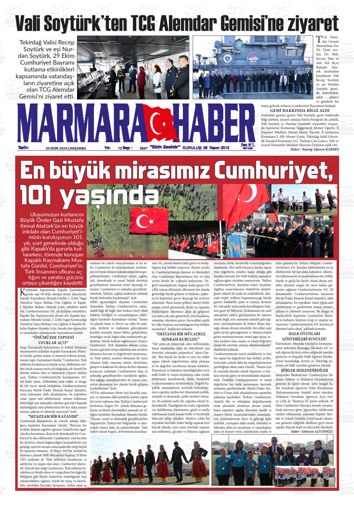 30 Ekim 2024 Marmara Haber Gazete Manşeti