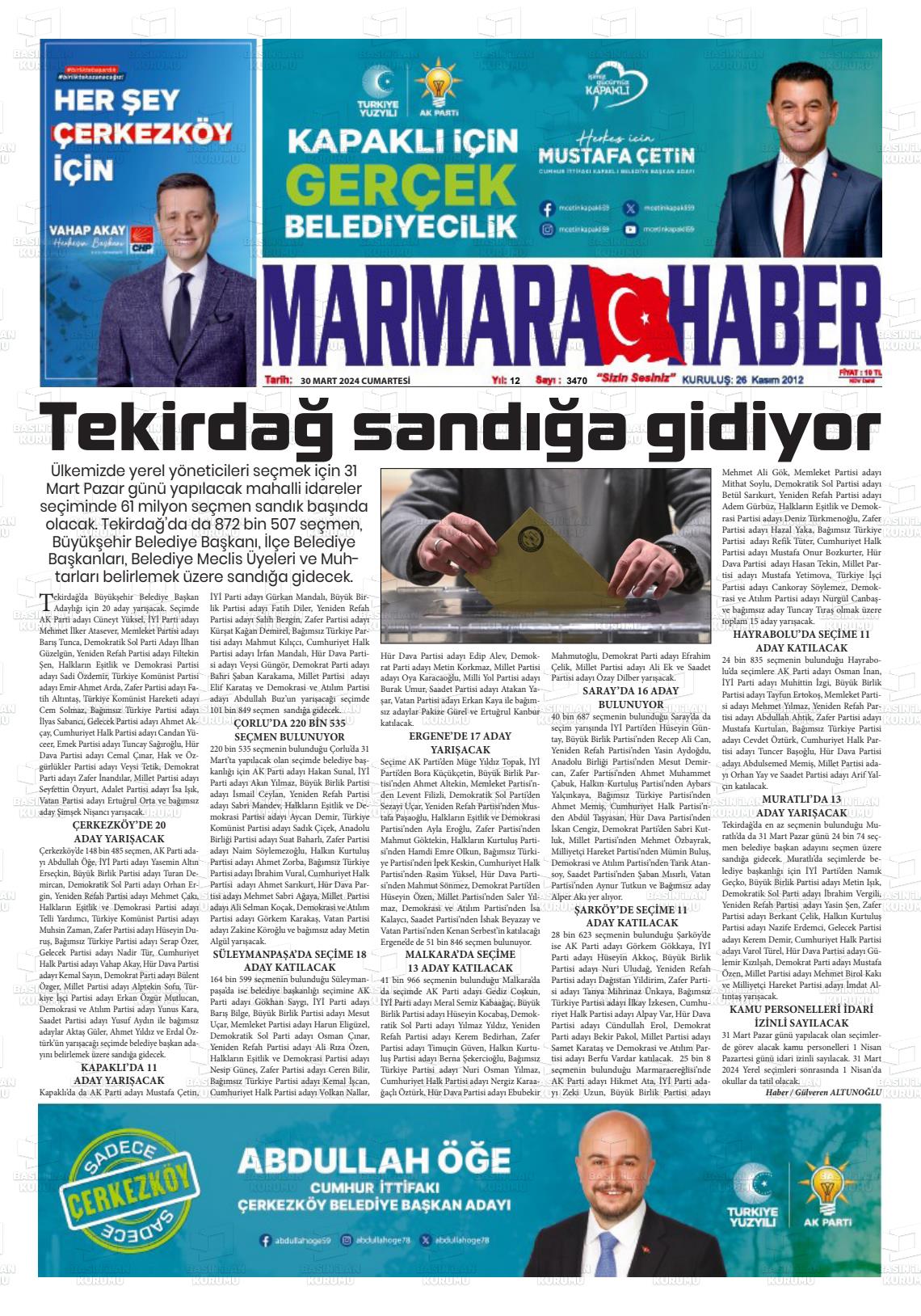 30 Mart 2024 Marmara Haber Gazete Manşeti