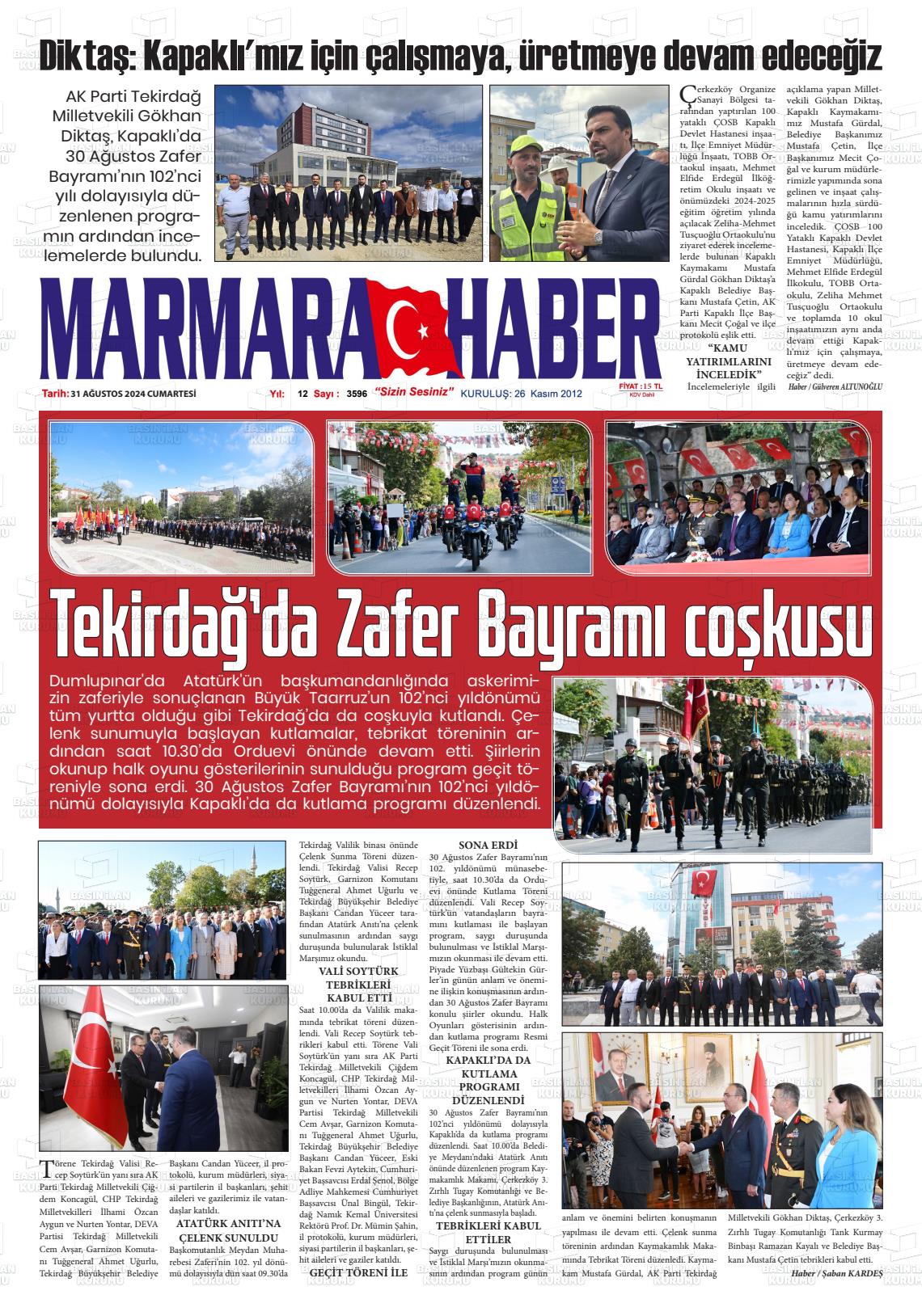 31 Ağustos 2024 Marmara Haber Gazete Manşeti