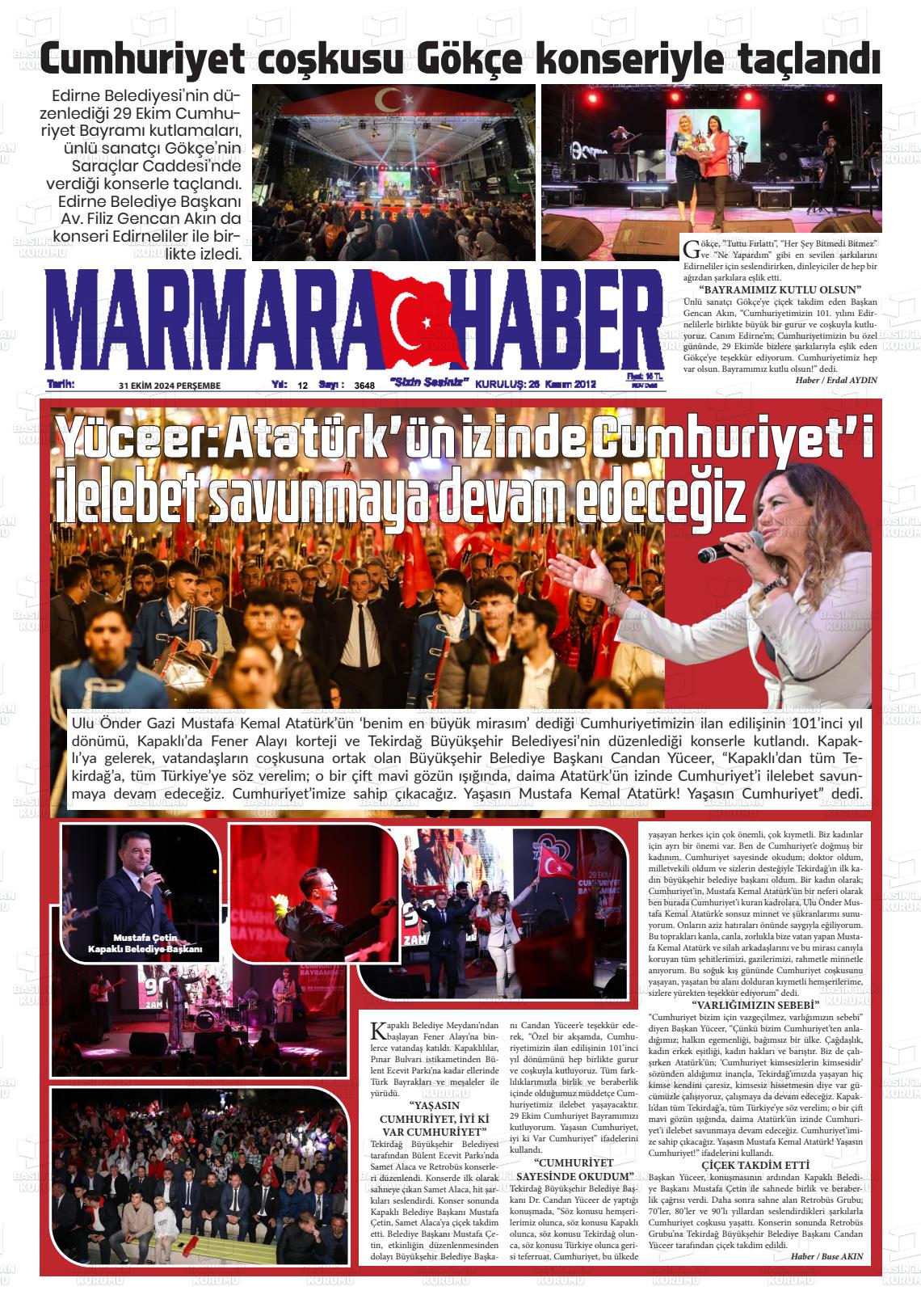 31 Ekim 2024 Marmara Haber Gazete Manşeti