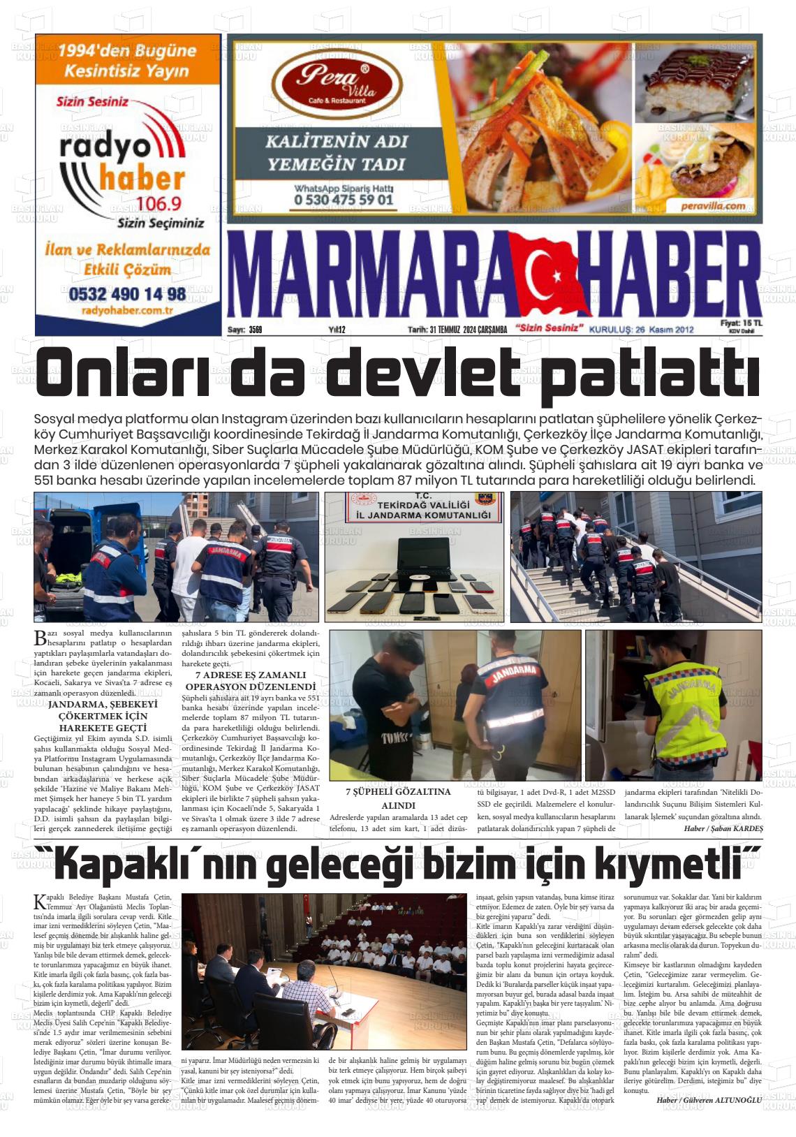 31 Temmuz 2024 Marmara Haber Gazete Manşeti