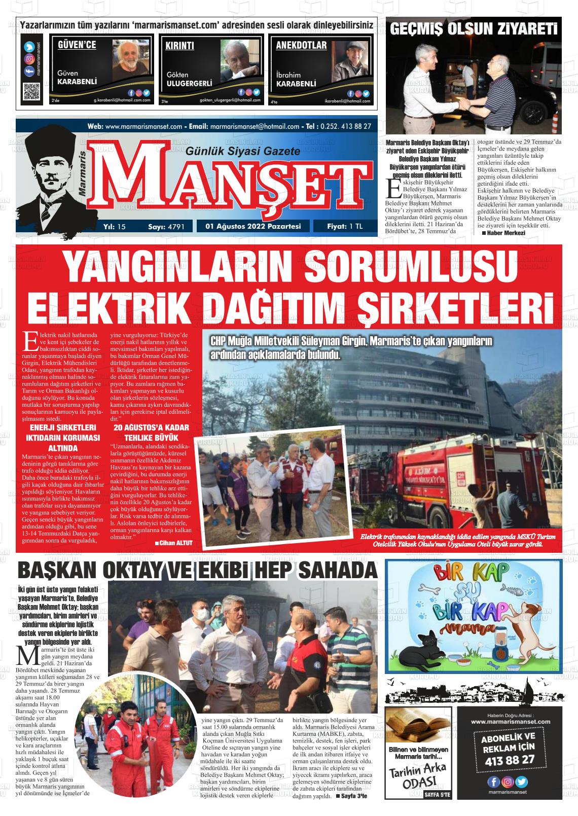 01 Ağustos 2022 Marmaris Manşet Gazete Manşeti