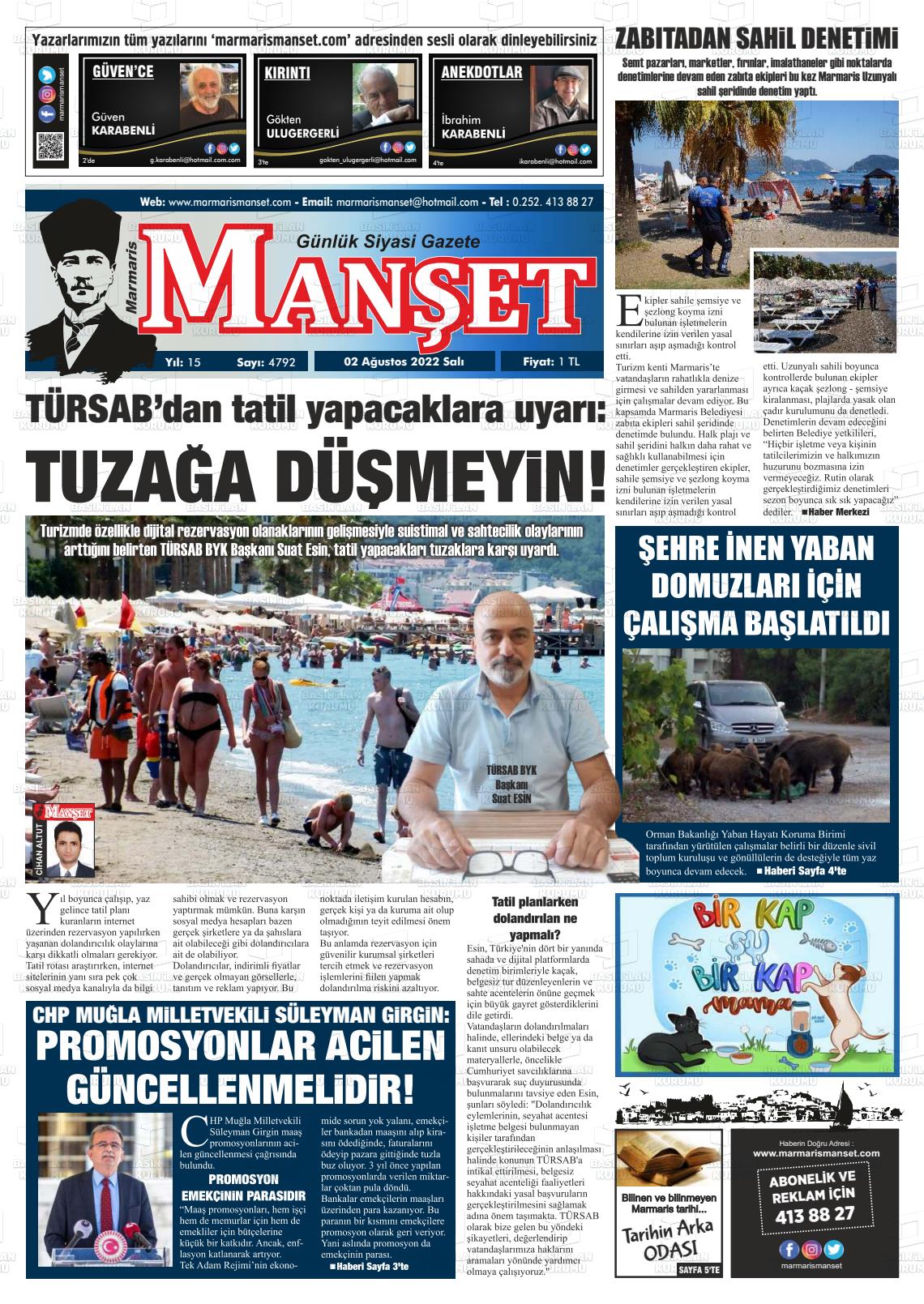 02 Ağustos 2022 Marmaris Manşet Gazete Manşeti