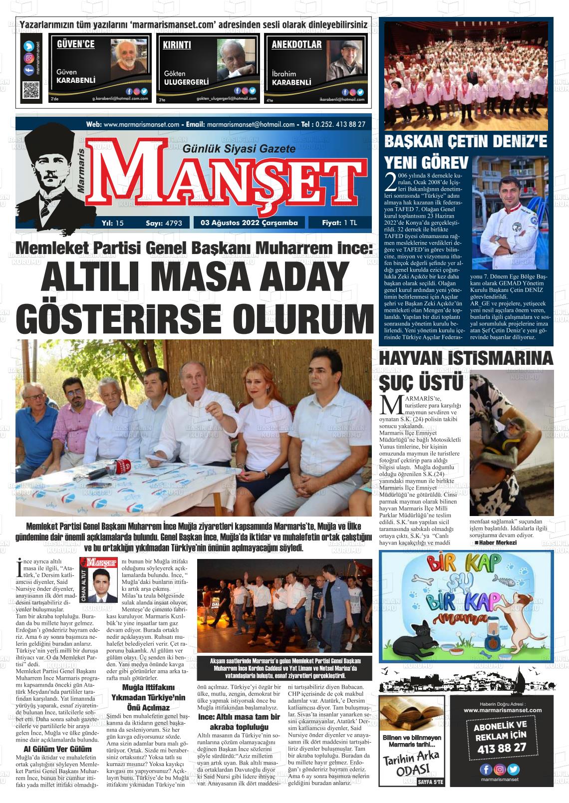 03 Ağustos 2022 Marmaris Manşet Gazete Manşeti