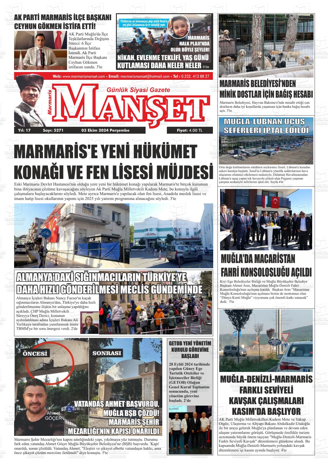 03 Ekim 2024 Marmaris Manşet Gazete Manşeti